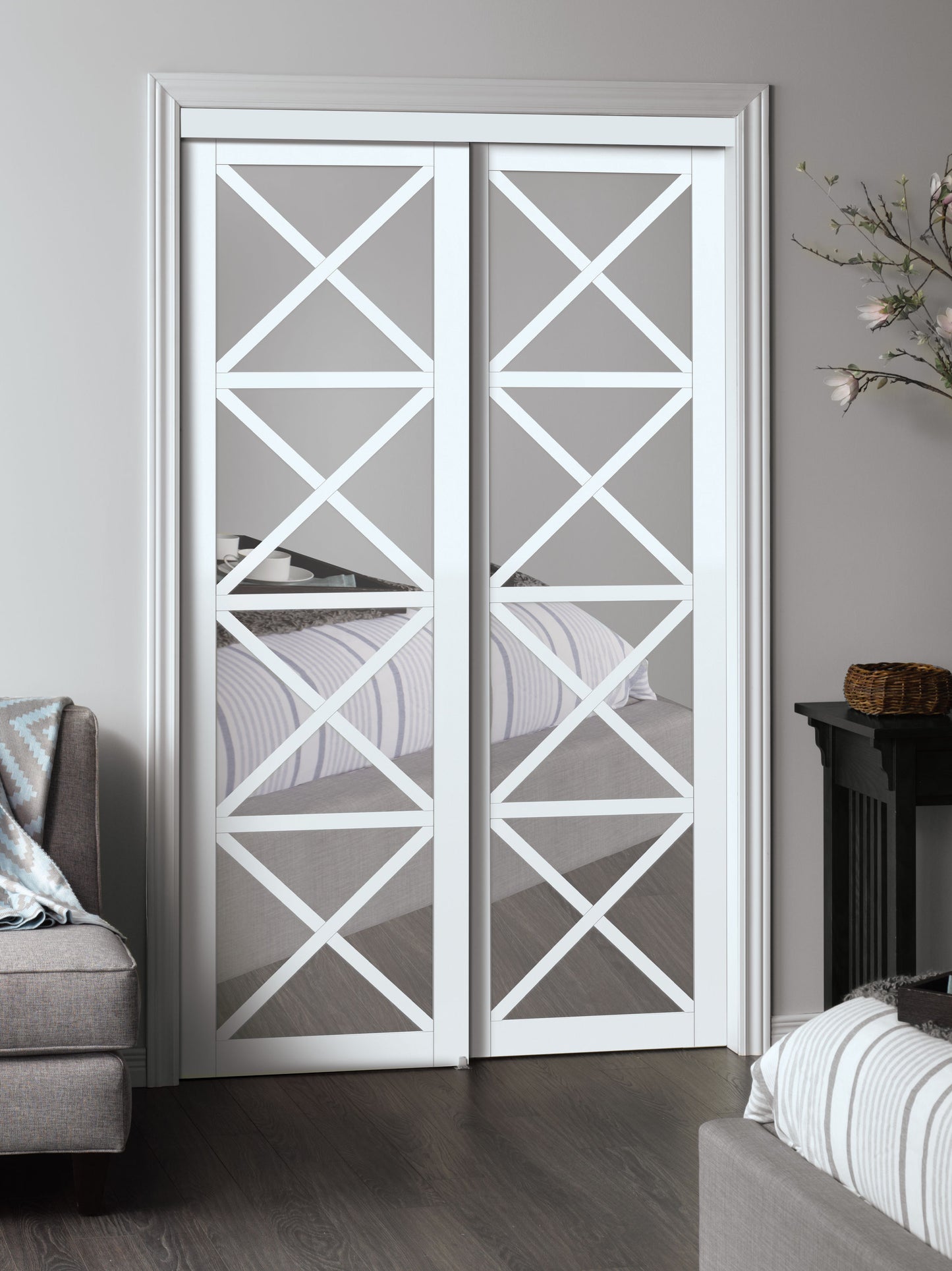 RELIABILT Euro 48-in x 80-in White Multi-X Mirrored glass Prefinished MDF Closet Sliding Door ( Hardware Included )