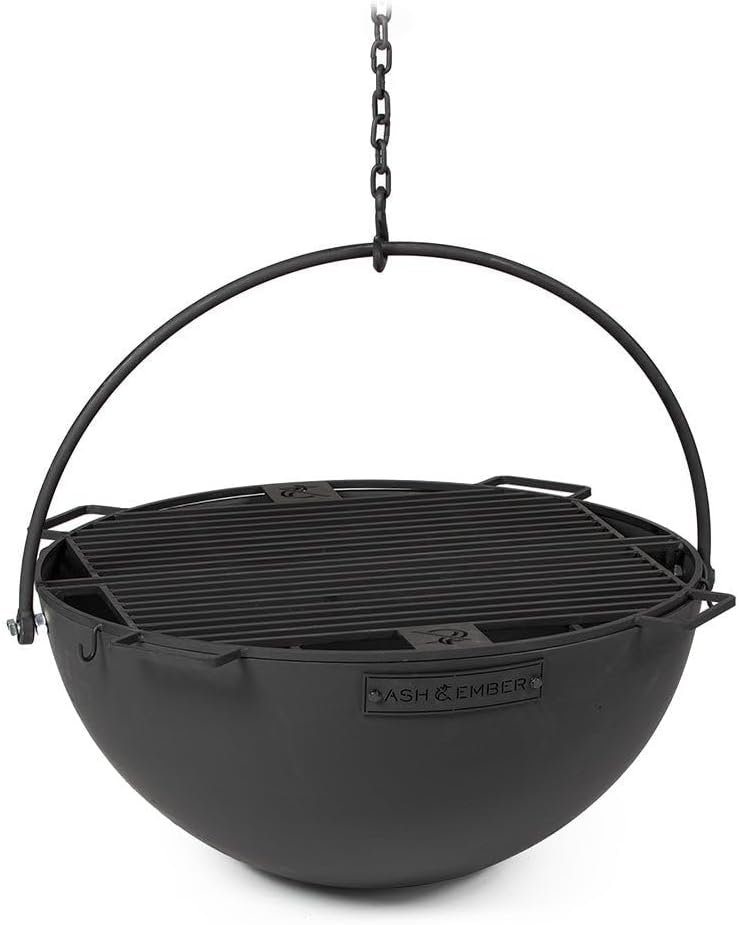 Ash & Ember 30" Cast Iron Cauldron Fire Pit Bowl with Double Hinged Grill Grate-Easy-Lift Handles & Handing Chain, Round Wood Burning Patio Fire Bowl for Backyard Patios