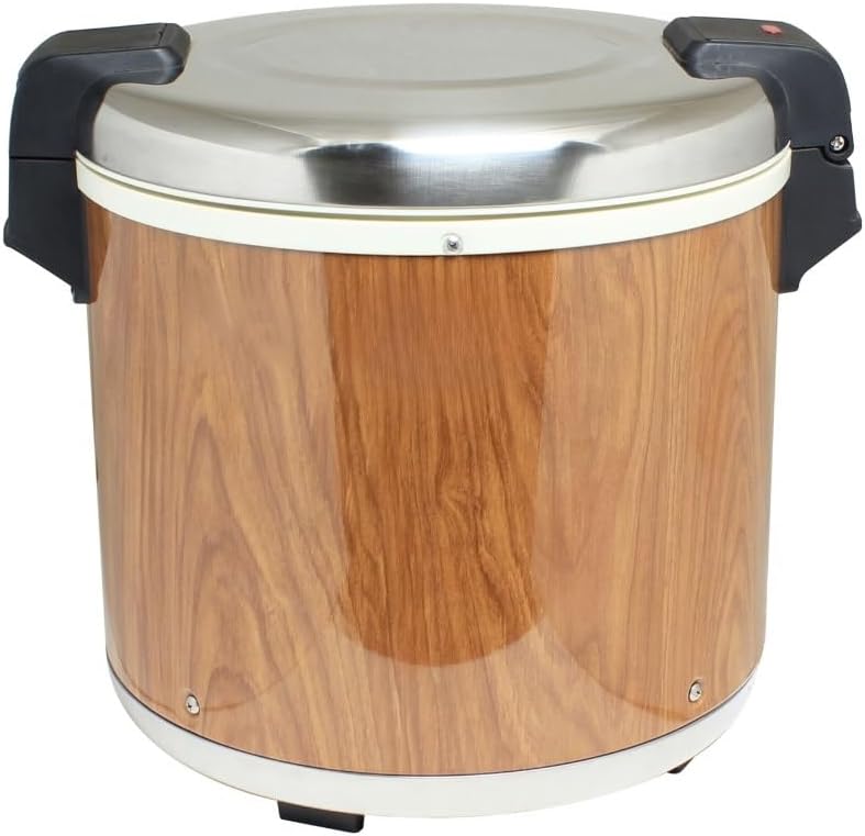 TrueCraftware- 50 Cup Electric Rice Warmer Stainless Steel Hinged Lid and Base with Wood Grain Accented Body- Keep Warm Makes Soups Stews Grains Hot Cereals for Commercial Rice Cooker and Warmer