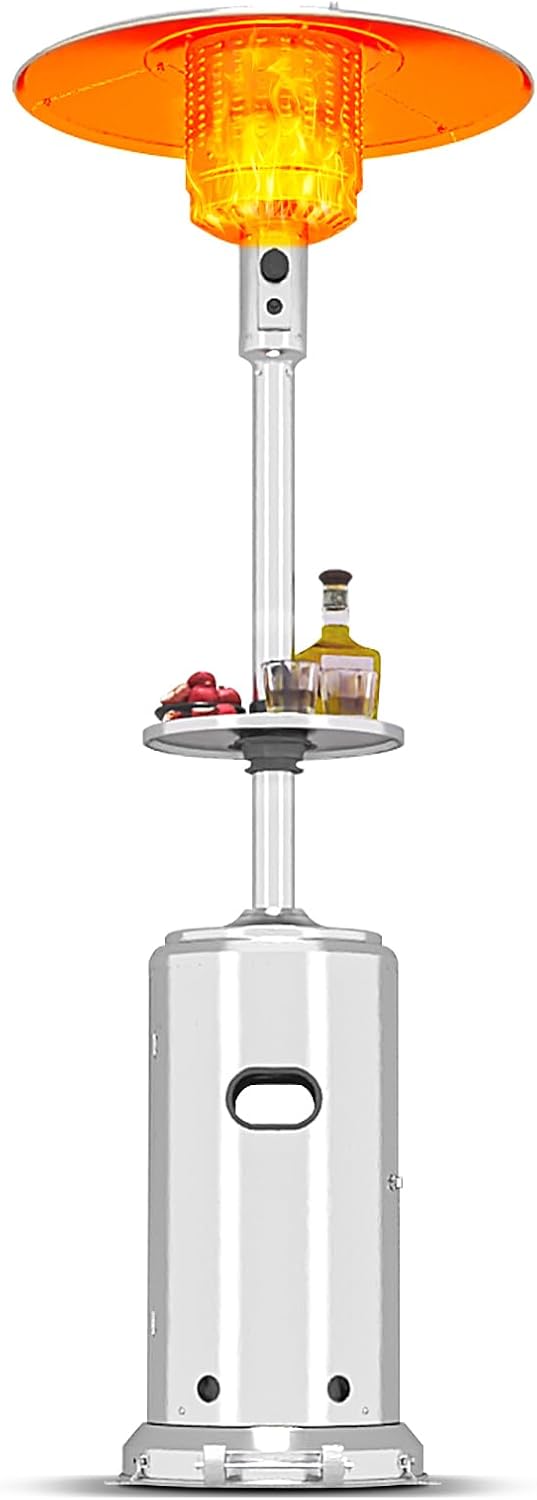 GarveeLife Stainless Steel Propane Patio Heater, 48000BTU Outdoor Gas Heater with Ignition Systems and Wheels, Deck Heater for Backyard Garden Restaurant Cafes, Double-Layer Burner, Cover Up 200 Sq.ft