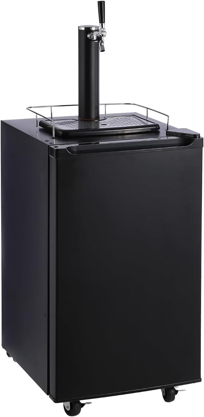 Kegerator and Keg Beer Cooler, Single Faucet Draft Beer Dispenser, Full Size Keg Refrigerator With Shelves, Stainless Steel, Drip Tray & Rail, Black