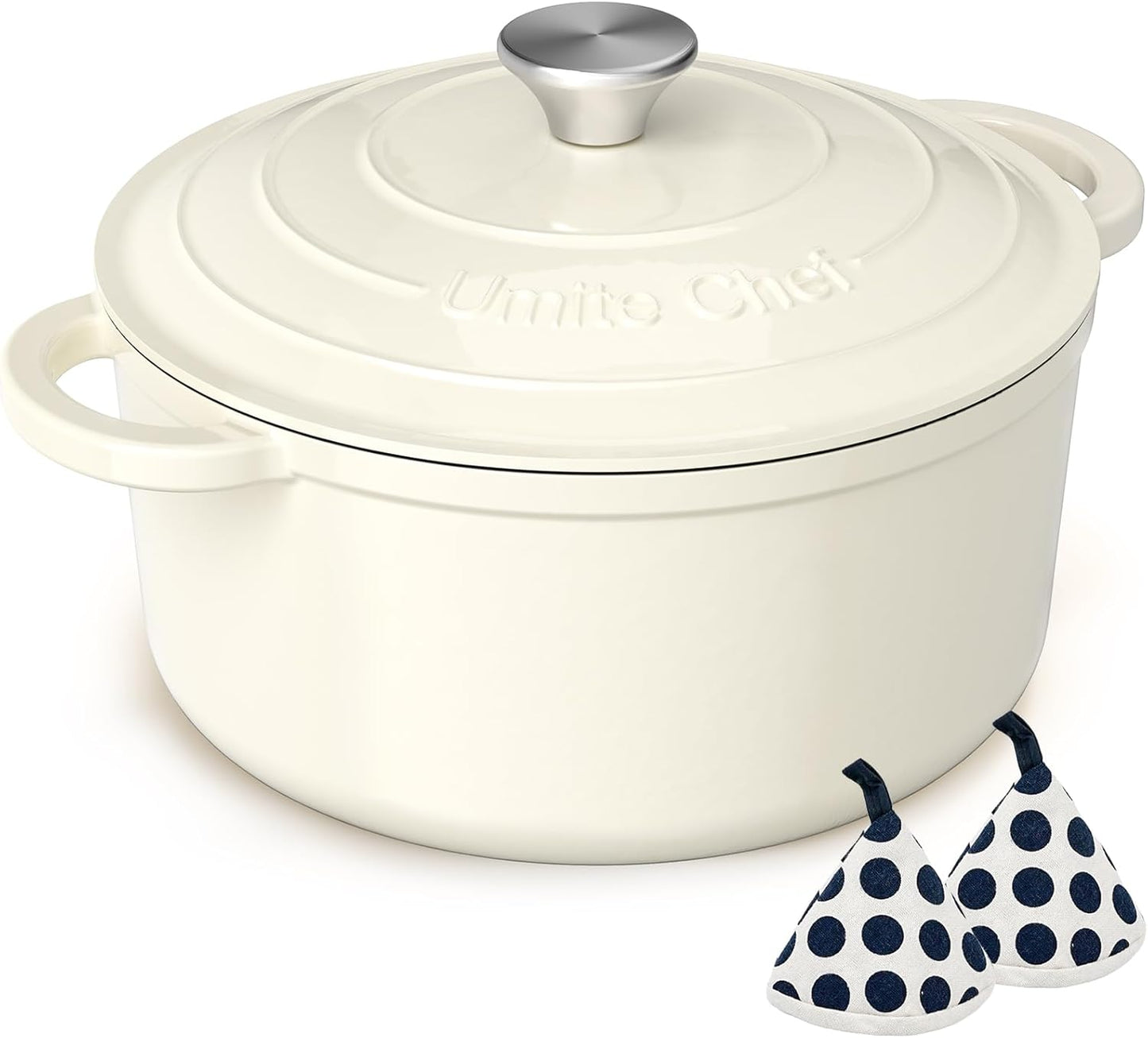 Enameled Cast Iron Dutch Oven - Umite Chef 5QT Pot with Lid & Cotton Potholders - Heavy-Duty Cookware for Bread Baking, Braising, Stews, Roasting(Cream White)