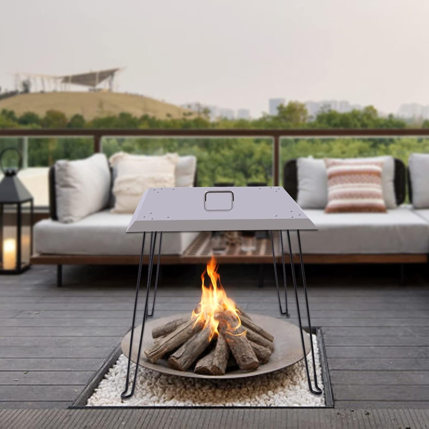 Heat Deflector Foldable for Solo Stove Bonfire, 24" Square Fire Pit Cover with Handle, Stainless Steel Fire Pit Heat Deflector, Portable Outdoor Camping Picnics Accessory