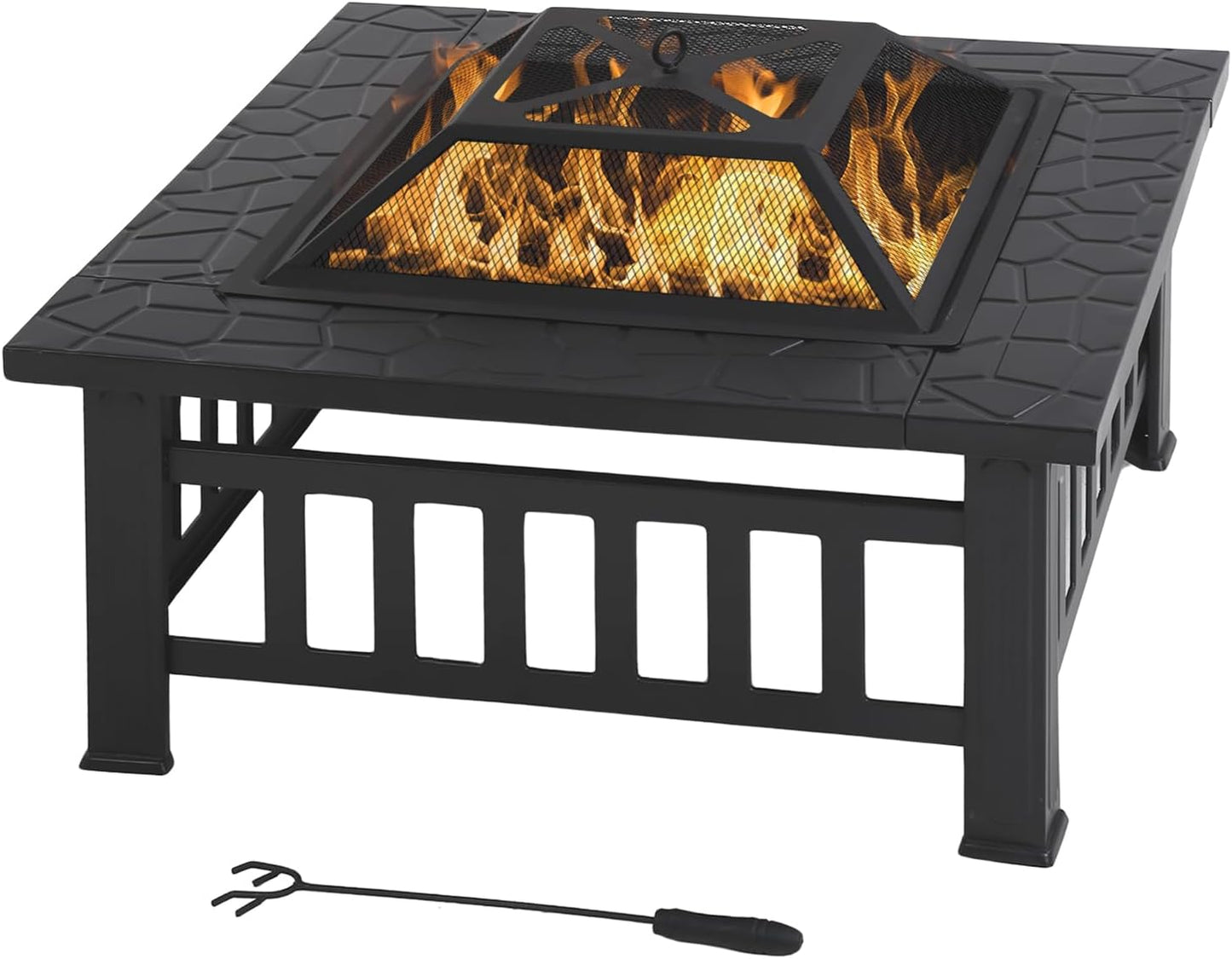 Fire Pit Table Square Metal Firepit Stove Backyard Patio Garden Stove Fireplace Mesh Cover Poker for Camping, Outdoor Heating, Bonfire and Picnic,32in