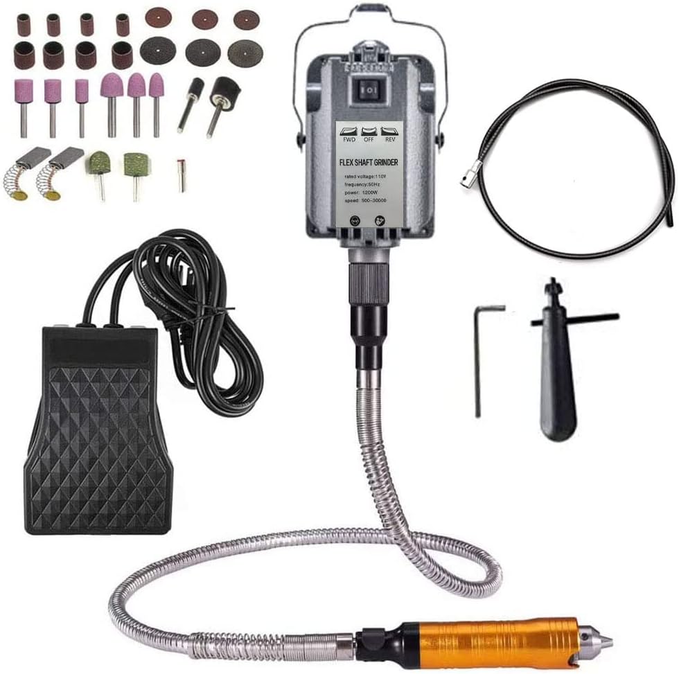 VOTOER 1200W Flex Shaft Grinder Rotary Tool Electric Hanging Carver, Forward and Reverse Rotation, Metalworking Jewelry Repair Kit, Foot Pedal Control, Metal Flexible Shaft, with Spare Inner Shaft