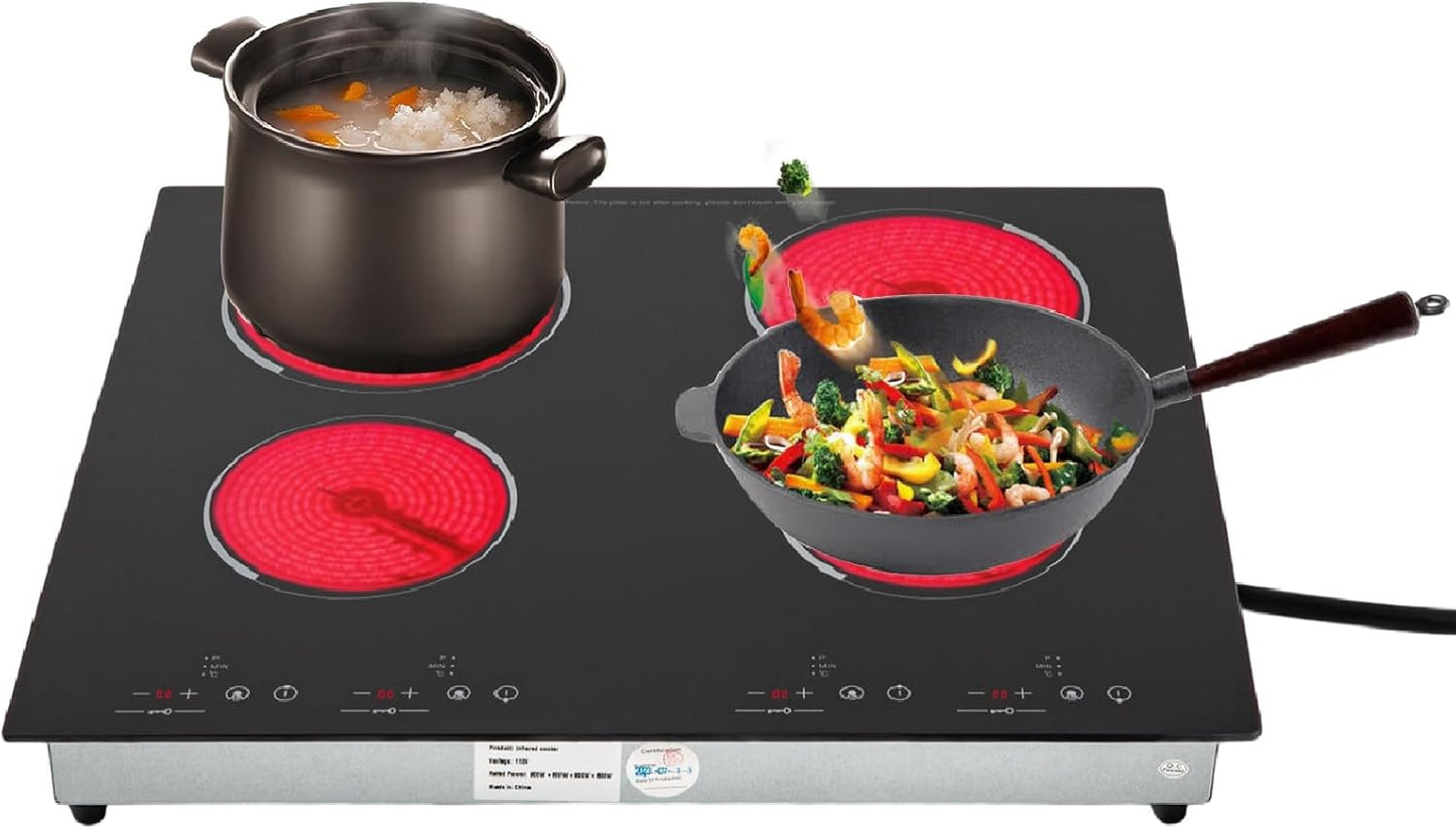 4 Burner Electric Cooktop Countertop Built-in Cooktop 3000W 110V 24" Portable Ceramic Cooktop Sensor Touch Control Hot Plate Stove with 9 Heating Level, Child Safety Lock and Timer