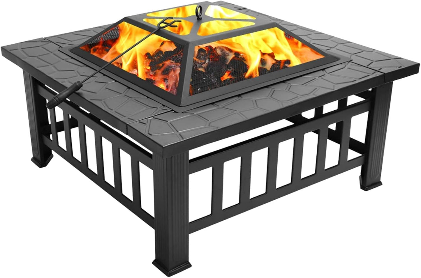 Portable Outdoor Metal Fire Pit with Accessories – 32-Inch Square Backyard Patio Fire Bowl with Mesh Lid, Poker & Heat-Resistant Frame – Heavy-Duty Courtyard Fire Pit for Garden, Camping & Bonfire