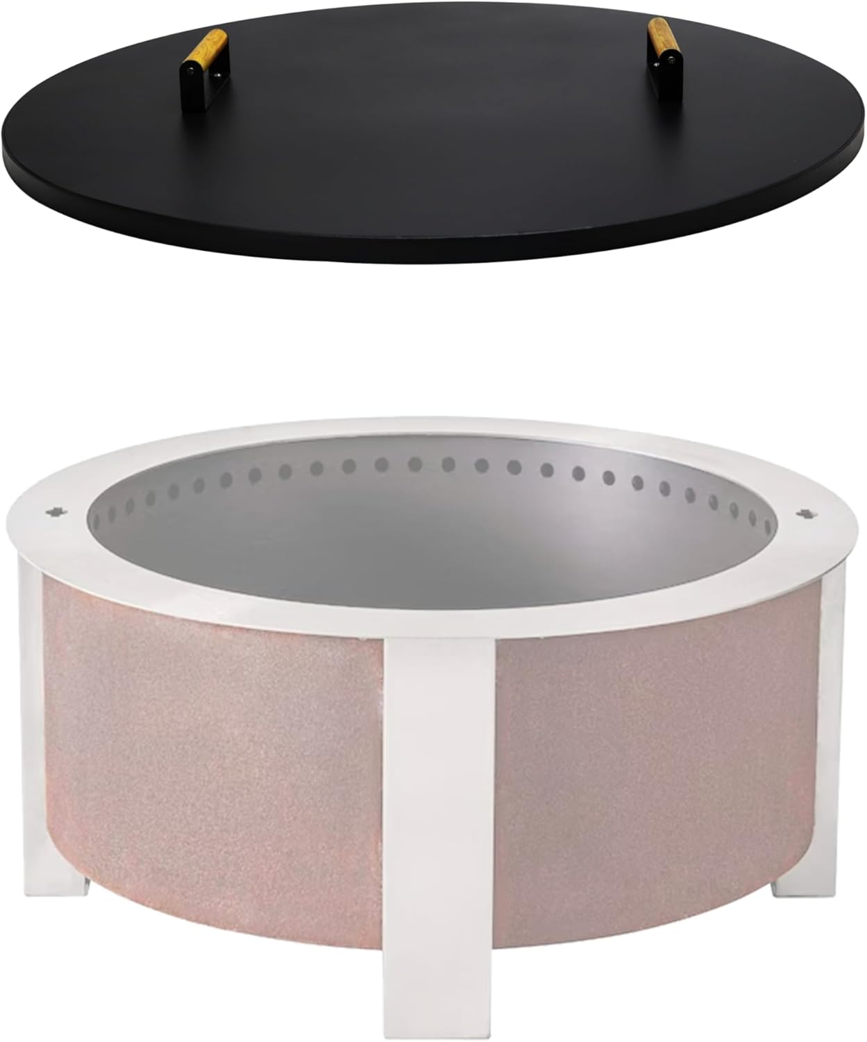 35” Round Fire Pit Lid – Heat Resistant Fire Pit Cover Lid Round for Outdoor Fireplace -16 Gauge Steel Flat Fire Pit Burner Pan Cover with Dual Wooden Handles Snuffer Lid for Patio FirePit Ring
