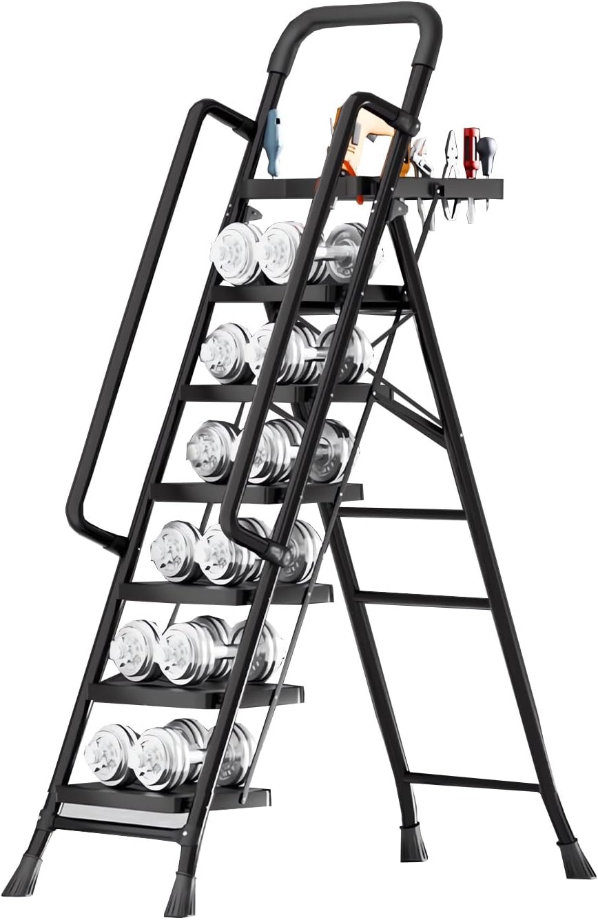 6 Step Ladder with Platform,Step Tool Support 330lbs Load,Folding Step Stool with Detachable Handrail,Wide Pedal,Safety Locking,Portable Stepladders Used for Adult/Painting/Home/Outdoor/Garage+1