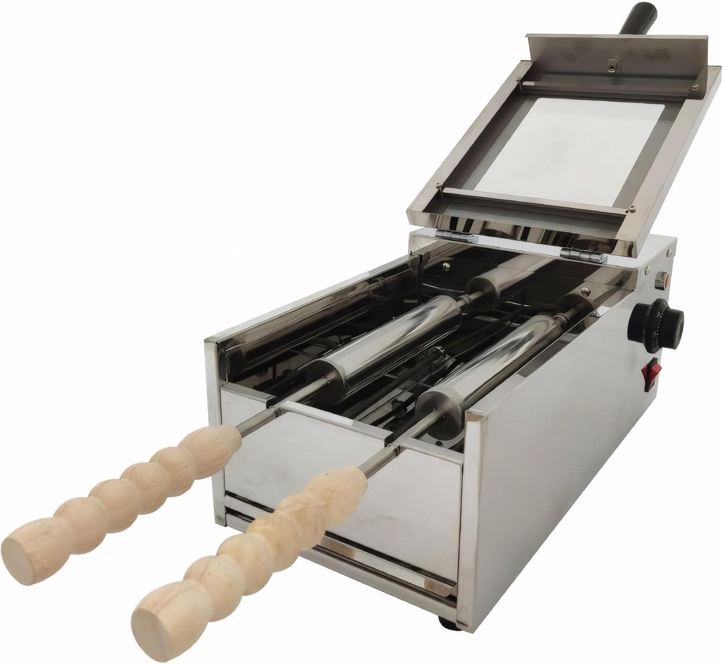 110V Chimney Cake Roll Oven Maker, 1500W Electric Commercial Ice Cream Cone Machine, Egg Cone Maker with 2 Stainless Steel Molds and Wooden Handles for Bakery Kitchen Bar