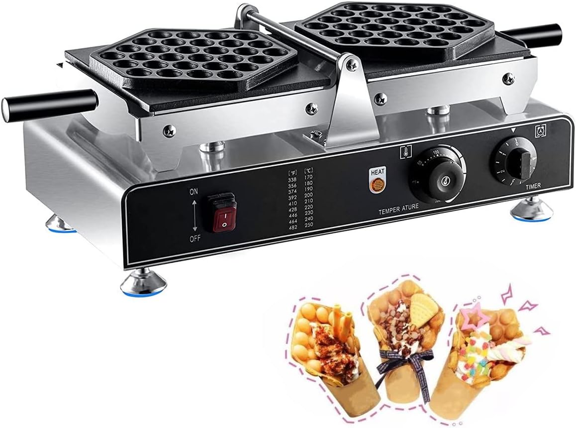 110V Commercial Bubble Waffle Maker, Electric Egg Waffle Machine, Meringue Maker with Reversible Double Pot, 122-572°F Bubble Griddle Irons Small Egg Waffle Iron with Non-Stick Teflon Coating