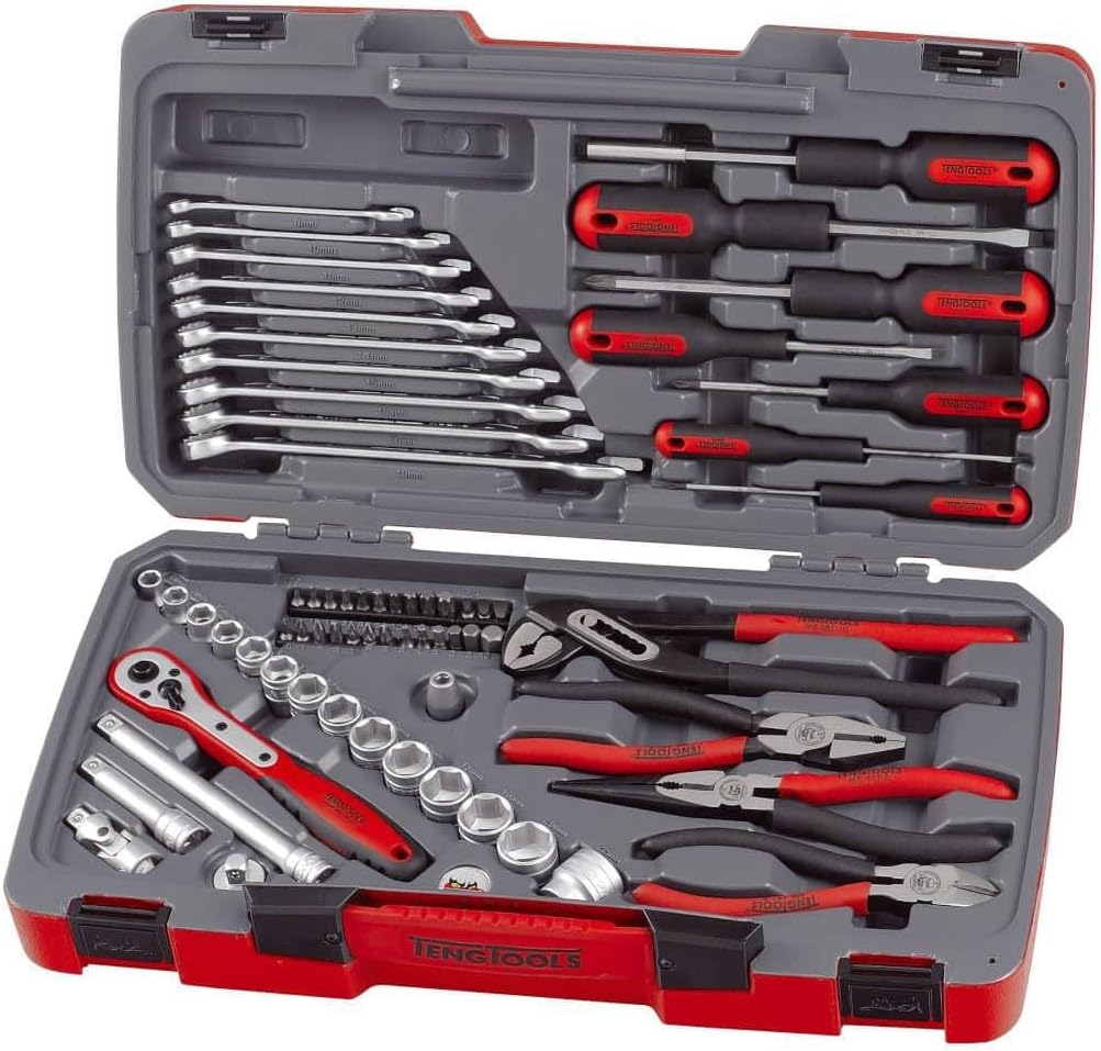 Teng Tools 67 Piece 3/8 Inch Drive 6 Point Metric Regular/Shallow Socket & Tool Set - T3867, Silver