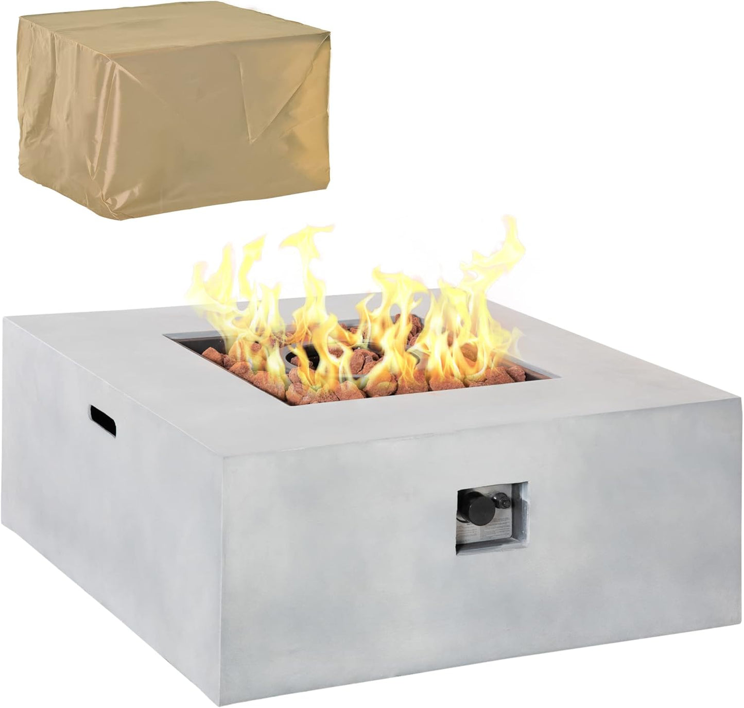 Outsunny 36" Firepit Table for Outside, 50,000 BTU Large Rectangular Stone Gas Firepit with Lava Rocks & Rain Cover, Fits 20lb Tank, Gray