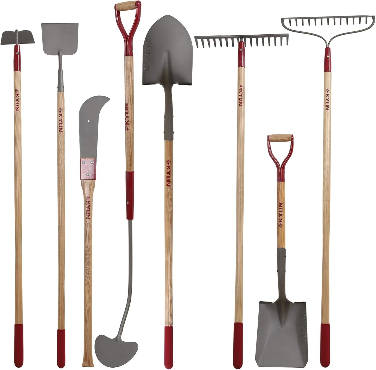 KYLIN Landscaping Shovel Rake Tools Set Heavy Duty Yard Digging Shovels Garden Hoe Long Ash Handle Forged Scraper Bush Hook for Professional-Grade 8 Pieces Lawn Tools