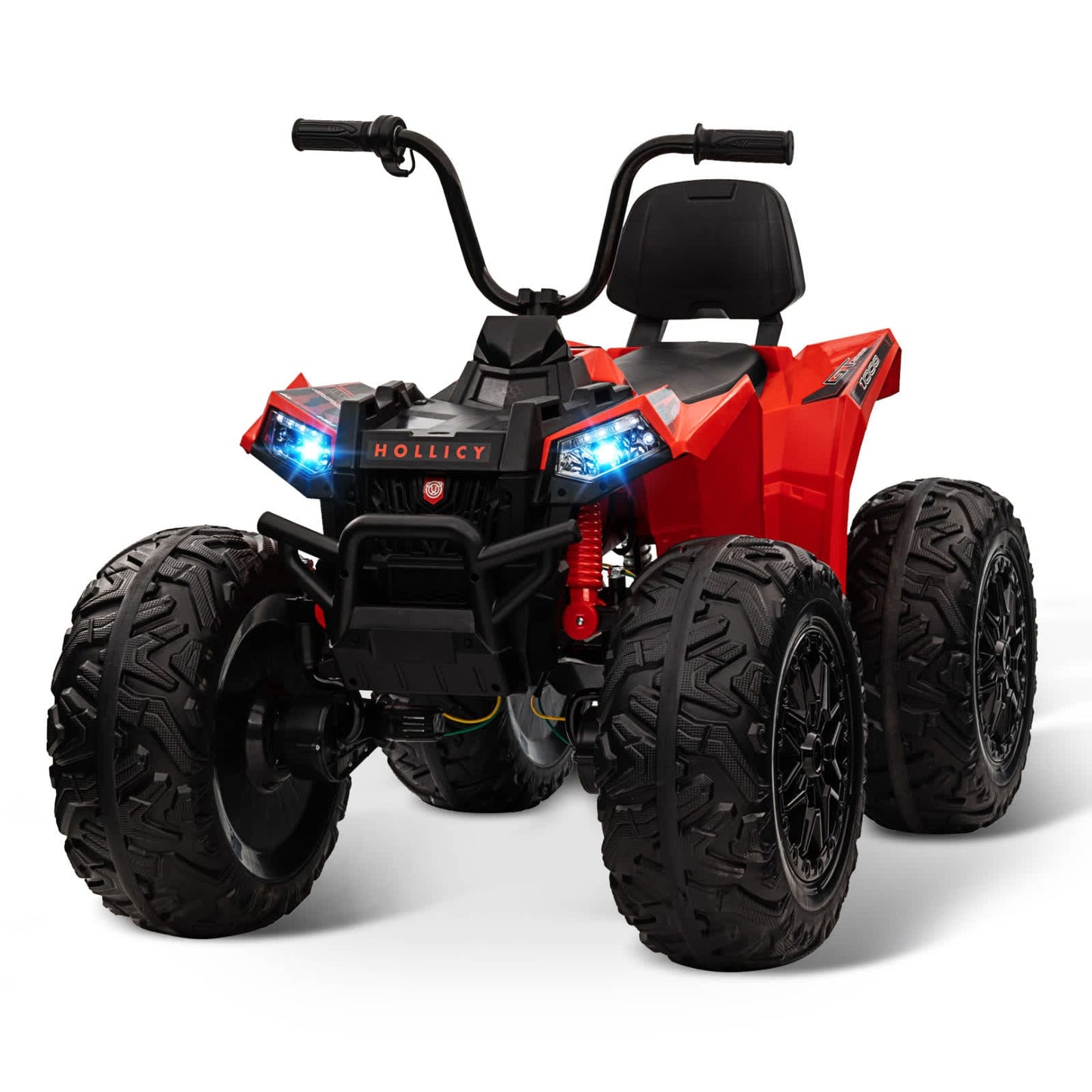 Qeetex 24V Kids Ride On ATV 4WD Electric Quad Vehicle With Dual Motors Large Battery Bluetooth Music Led Lights Full Metal Suspension Eva Tires And Adjustable Seatbelt Red