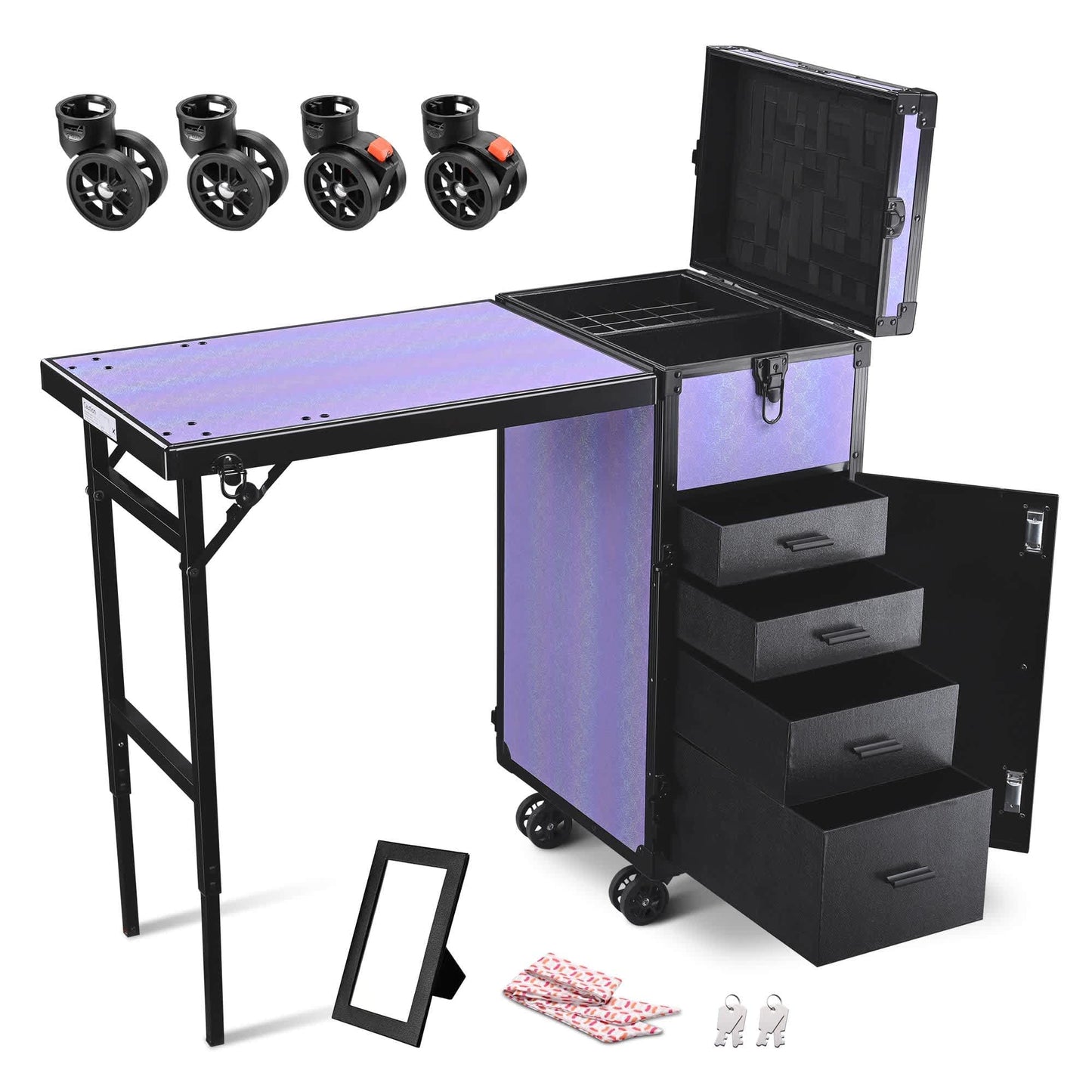 Yescom Byootique Rolling Makeup Train Case Nail Table w/ 4pcs Replacement Wheels Purple