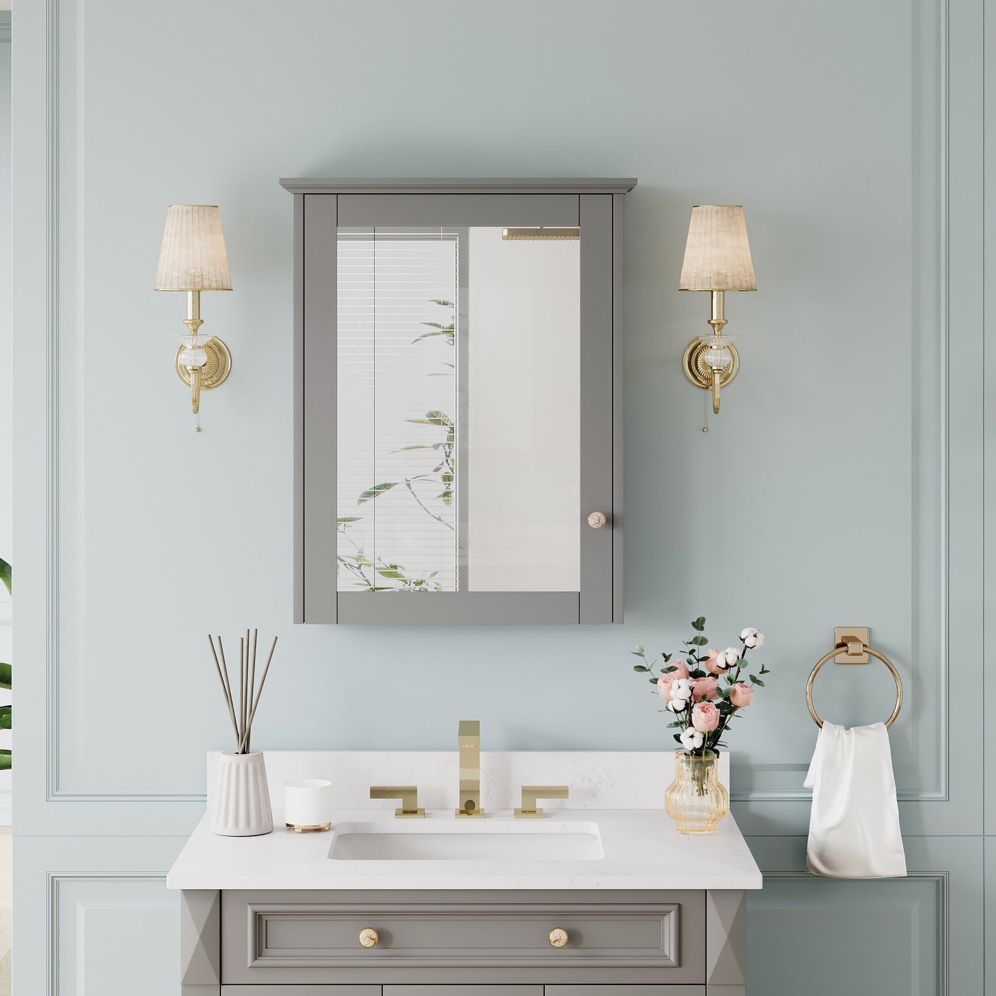 CALVON Solid Wood Medicine Cabinet 24-in x 30-in Surface Mount Titanium Gray Mirrored Rectangle Soft Close Medicine Cabinet