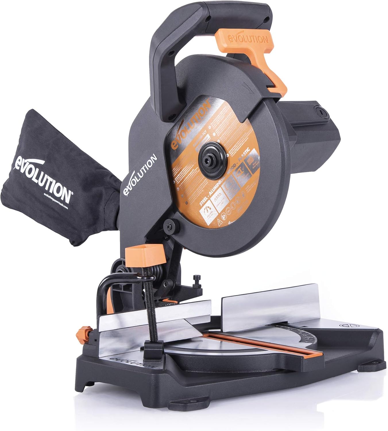 Evolution Power Tools R210CMS Compound Miter Saw, 8-1\/4" Multi-Material Cutting TCT Blade Included Cuts Wood Metal Plastic & More, 45° - 45° Degree Miter & 45˚ Degree Bevel Angles, 1200W, 8-1\/4"