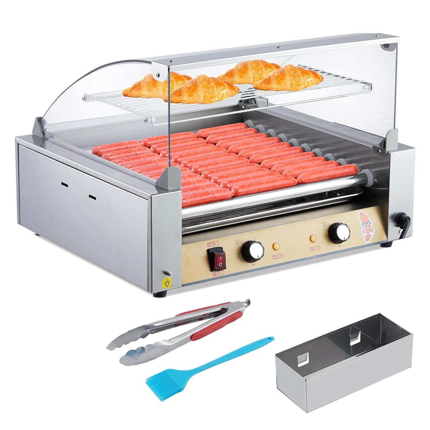 Hot Dog Roller - Sausage Grill Cooker Machine, Stainless Steel Hotdog Roller Grill and Bun Warmer With Glass Cover & Removable Drip Tray, Dual Temp Control, for Commercial Household (11 Roller 1650W)