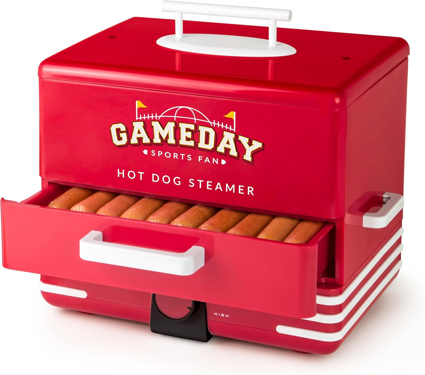 Nostalgia, Game Day Hot Dog Steamer and Bun Warmer, Fits 20 Dogs and 8 Buns, Steams Pot Stickers, Veggies, Potatoes, and Other Appetizers or Toppings
