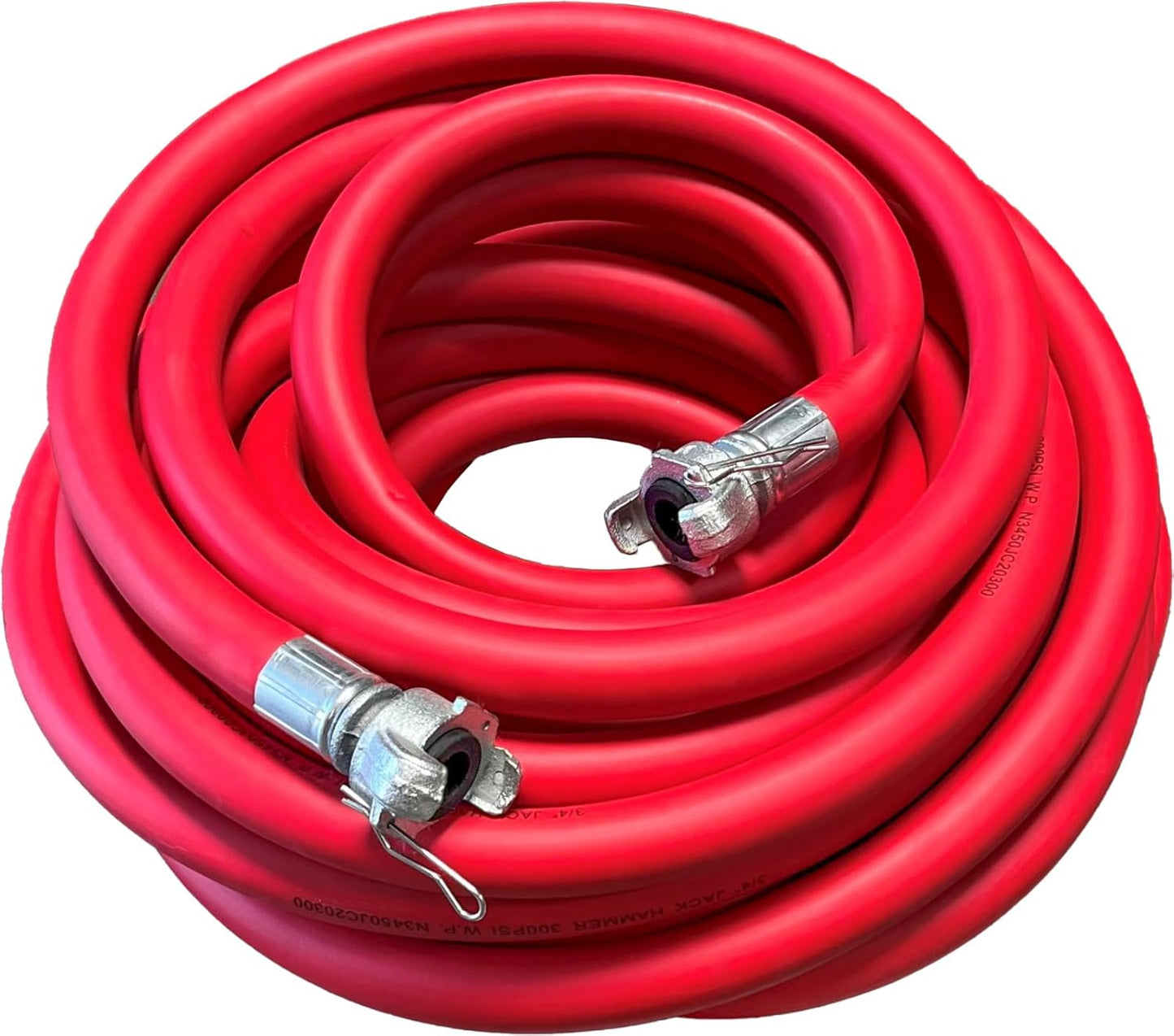 100ft Red Jackhammer Air Hose, 3/4 Inch Rubber Pneumatic Hose Assembly for Jack Hammers & Air Tools, 300PSI Universal Chicago Couplings Fittings for Air Compressors