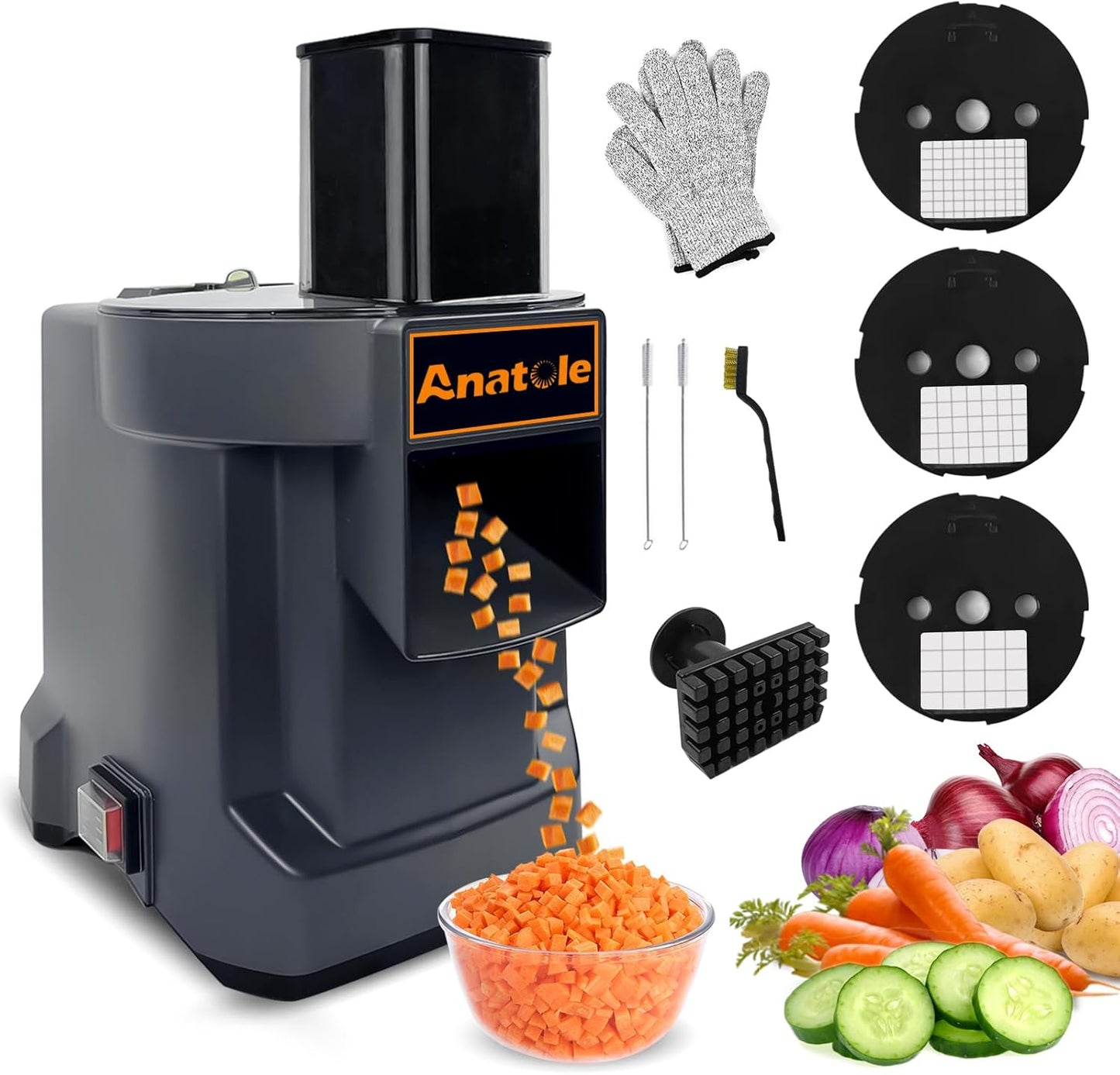 Anatole Electric Vegetable Dicer Commercial Food Processor Heavy Duty Veggie Fruits Chopper with 3 Stainless Steel Blades for Carrot Potato Onion 100W 110V