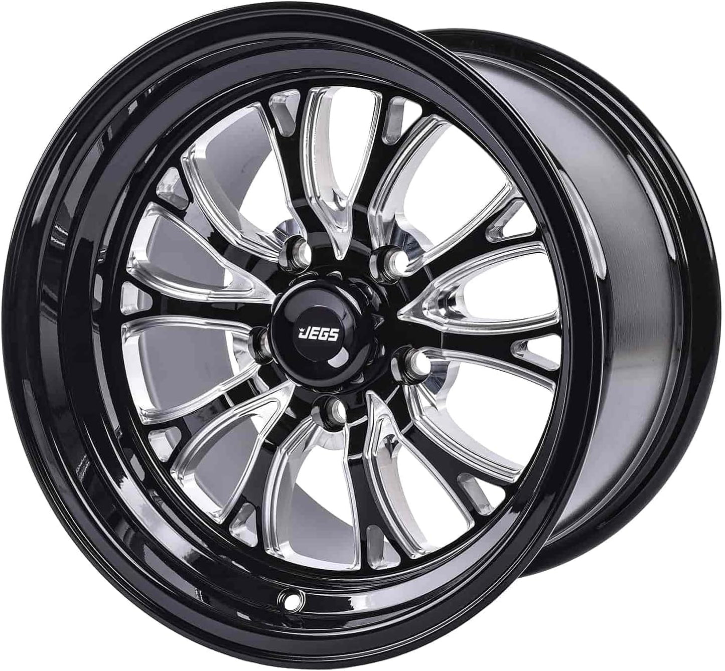 JEGS SSR Spike Wheel 15 x 10 | 5 x 4.5” Wheel Bolt Pattern Spacing | +25mm Offset | 6.5” Backspacing | Gloss Black with Milled Spoke Accents | 3.27” Center Bore