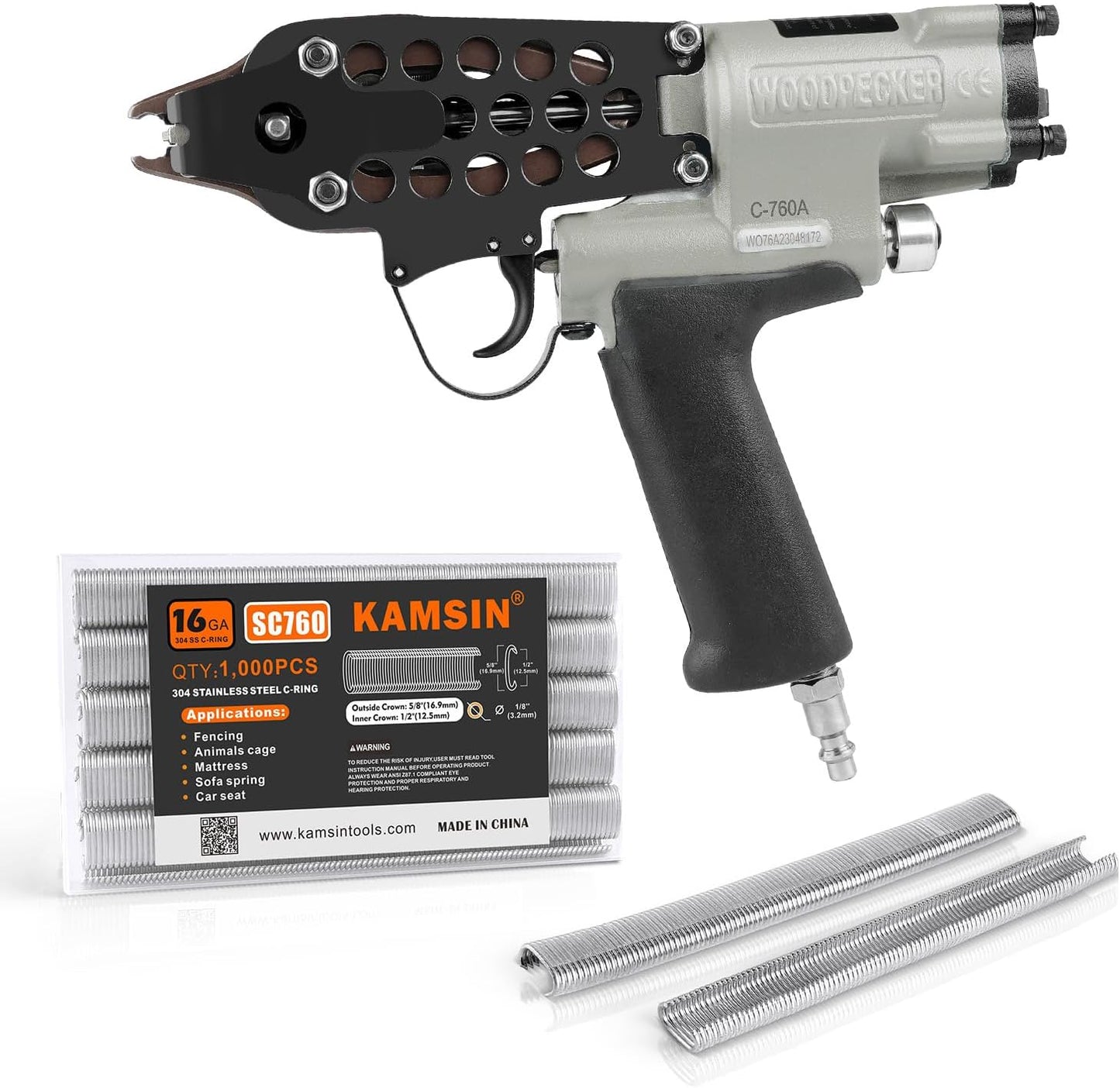 Woodpecker C-760A 16 Gauge Pneumatic Hog Ring Gun Kit, 1\/2-Inch Crown, with 1000PCS Staples, 3.0-4.0mm Closing Diameter, Air Hog Ring Plier Tool, C Ring Gun for Cages, Fencing, Car Seat