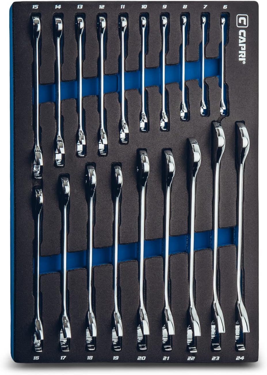 Capri Tools Angle Open End Wrench Set, 30° and 60° angles, 6-24 mm Metric, 19-Piece with Mechanic's Tray