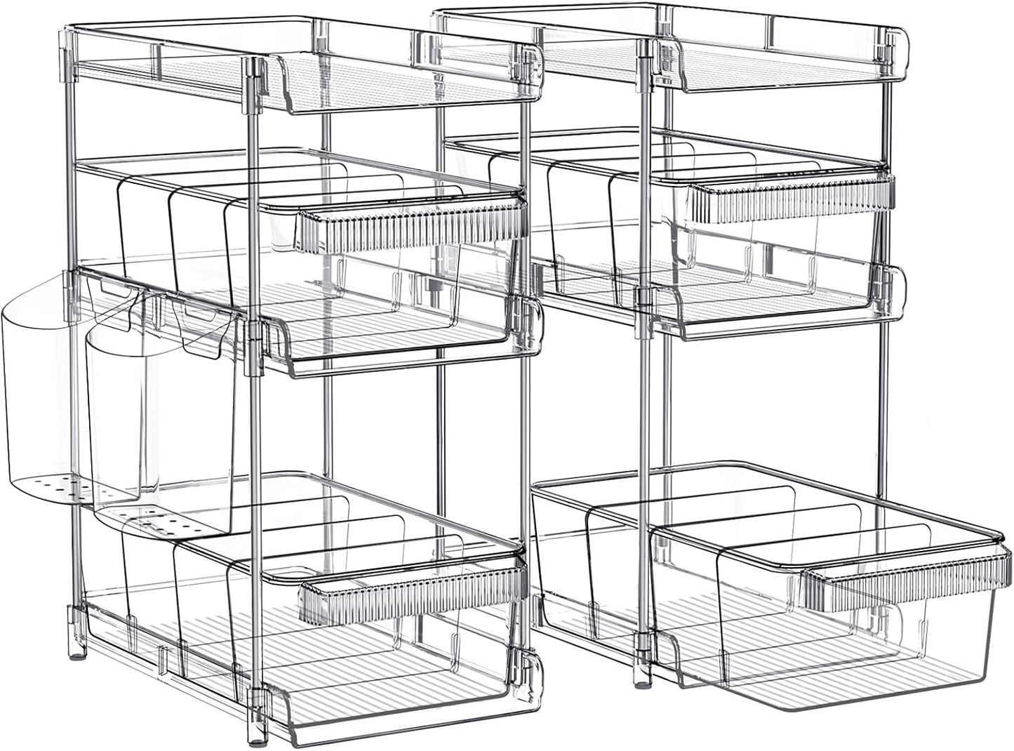 Clear Bathroom Organizers 2 Sets 3 Tier, Pull Out Organizer and Storage with 2 Cups, Slide Out Drawer Storage Container with 6 Dividers, Multi-Purpose Bathroom Organizer, Kitchen Under Sink Organizer