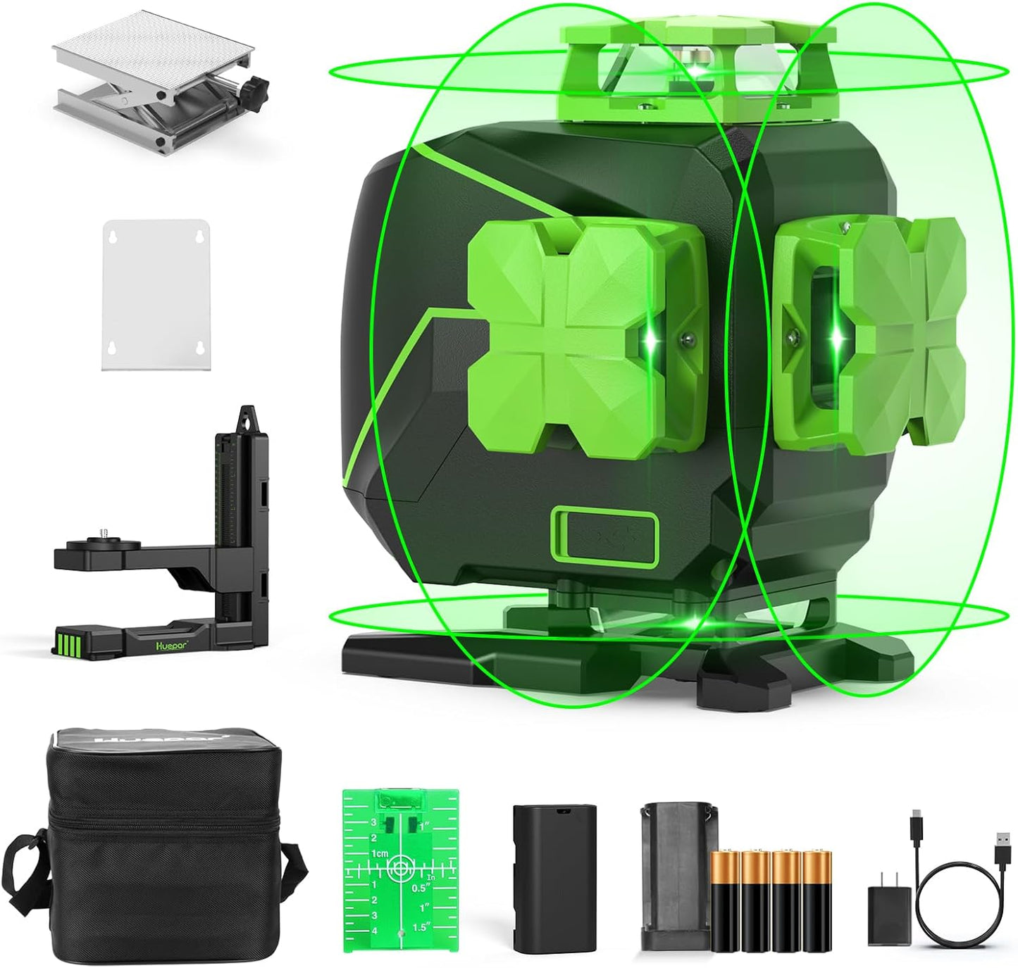 Huepar Laser Level 4 x 360° 16 Lines Self-Leveling Alignment Laser Tool with Pulse Mode for Construction and Picture Hanging, Magnetic Bracket, Lifting Base, Li-ion Battery or 4 AA Batteries - S04CG-L