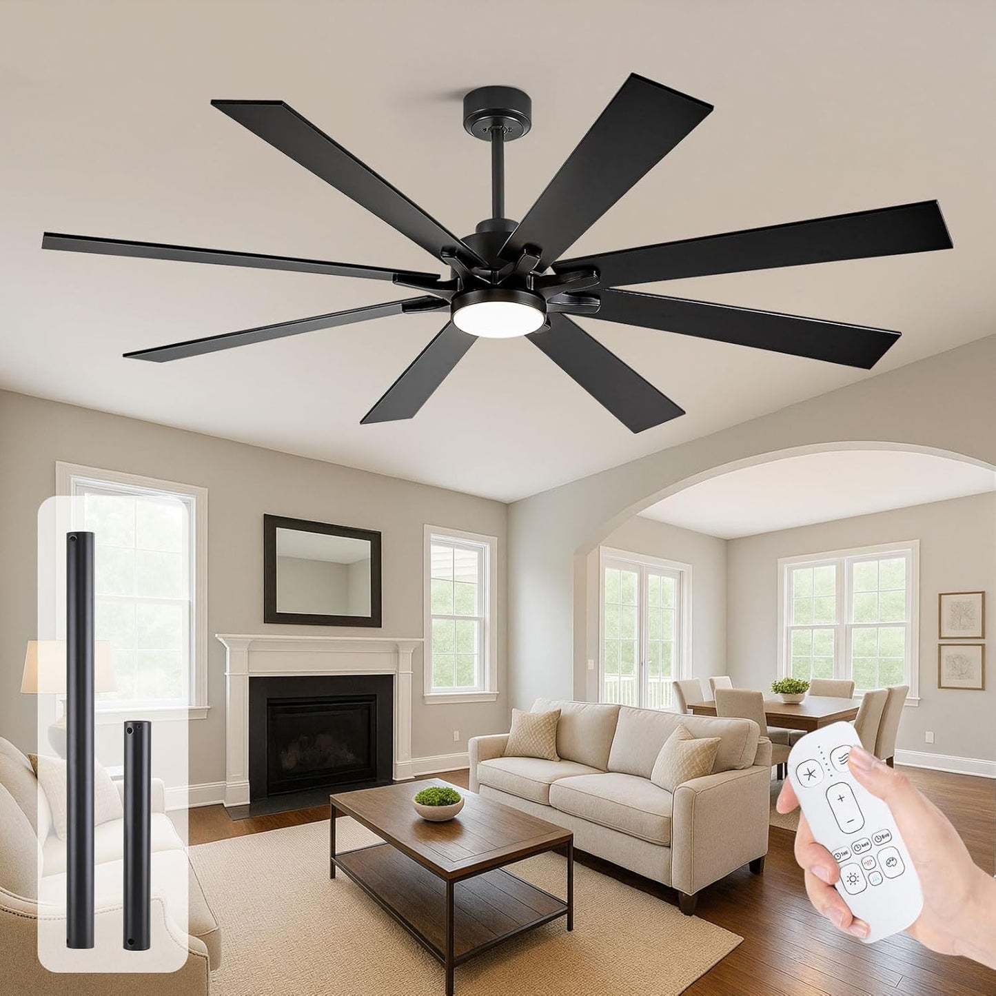 HYSZL 72 Inch Black Outdoor Ceiling Fan with Light, Large Industrial DC Ceiling Fan with 8 Reversible Blades, High CFM Quiet Fan for Living Room Kitchen Farmhouse Commercial 5-CCT Dimmable
