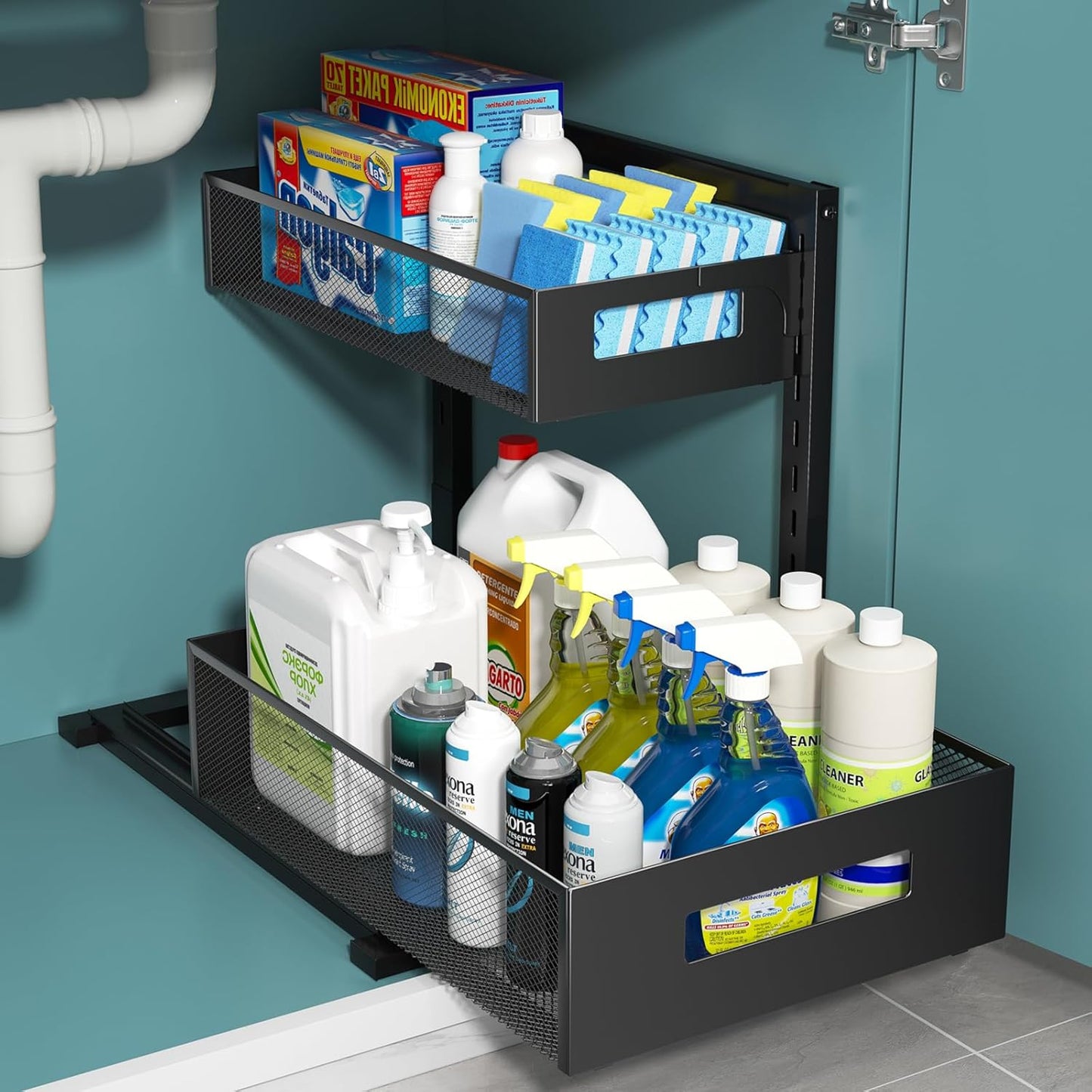 TISTAYA Under Sink Organizer, 2-Tier Metal Under Sink Organizers and Storage, Slide Out Pull Out Cabinet Organizer for Kitchen, Bathroom, Pantry, Laundry, Study, Black