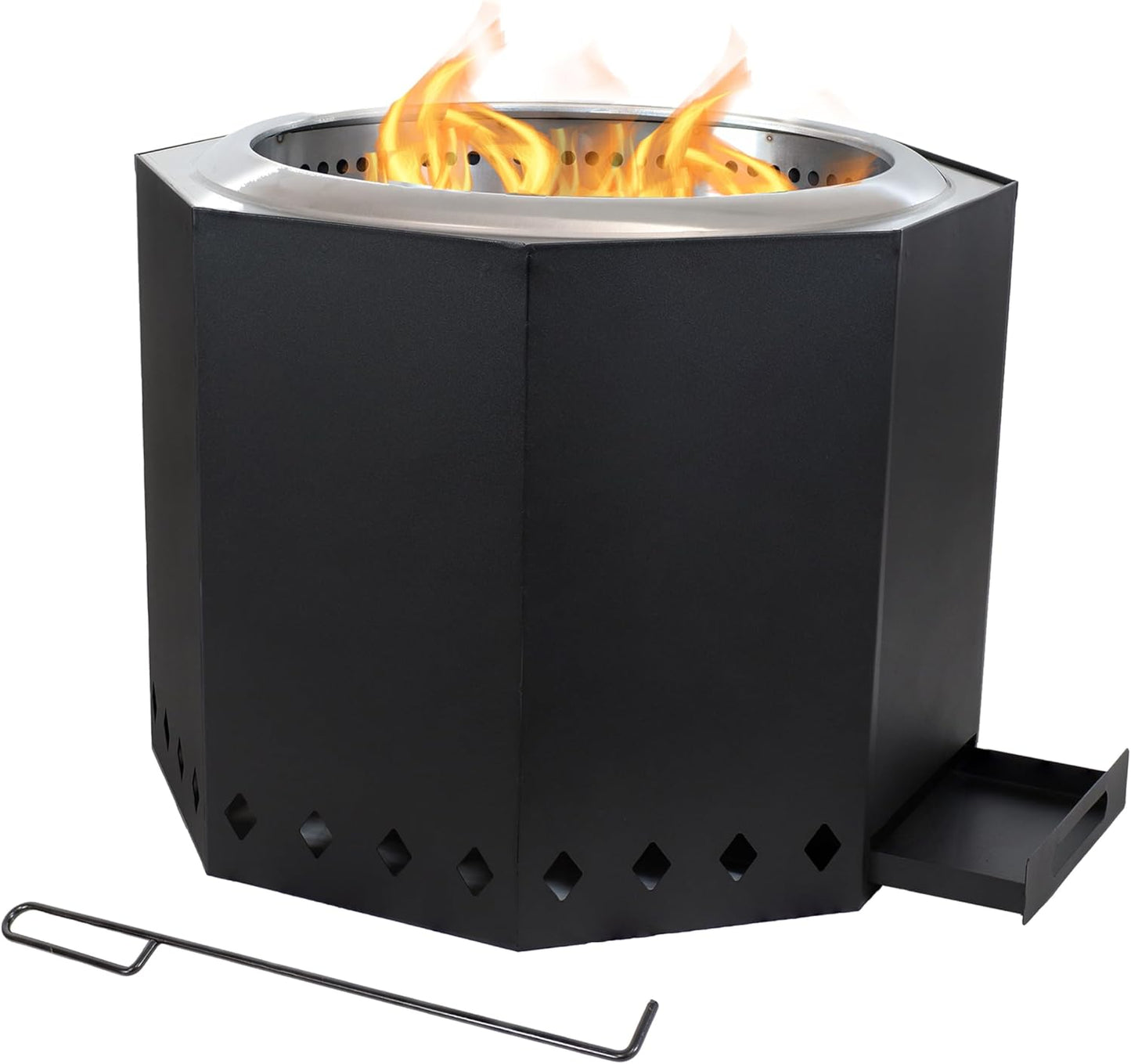 Sunnydaze Wood-Burning Smokeless Fire Pit with Log Poker - Stainless Steel Smokeless Fire Pit for The Backyard - Black - 21.5-Inch