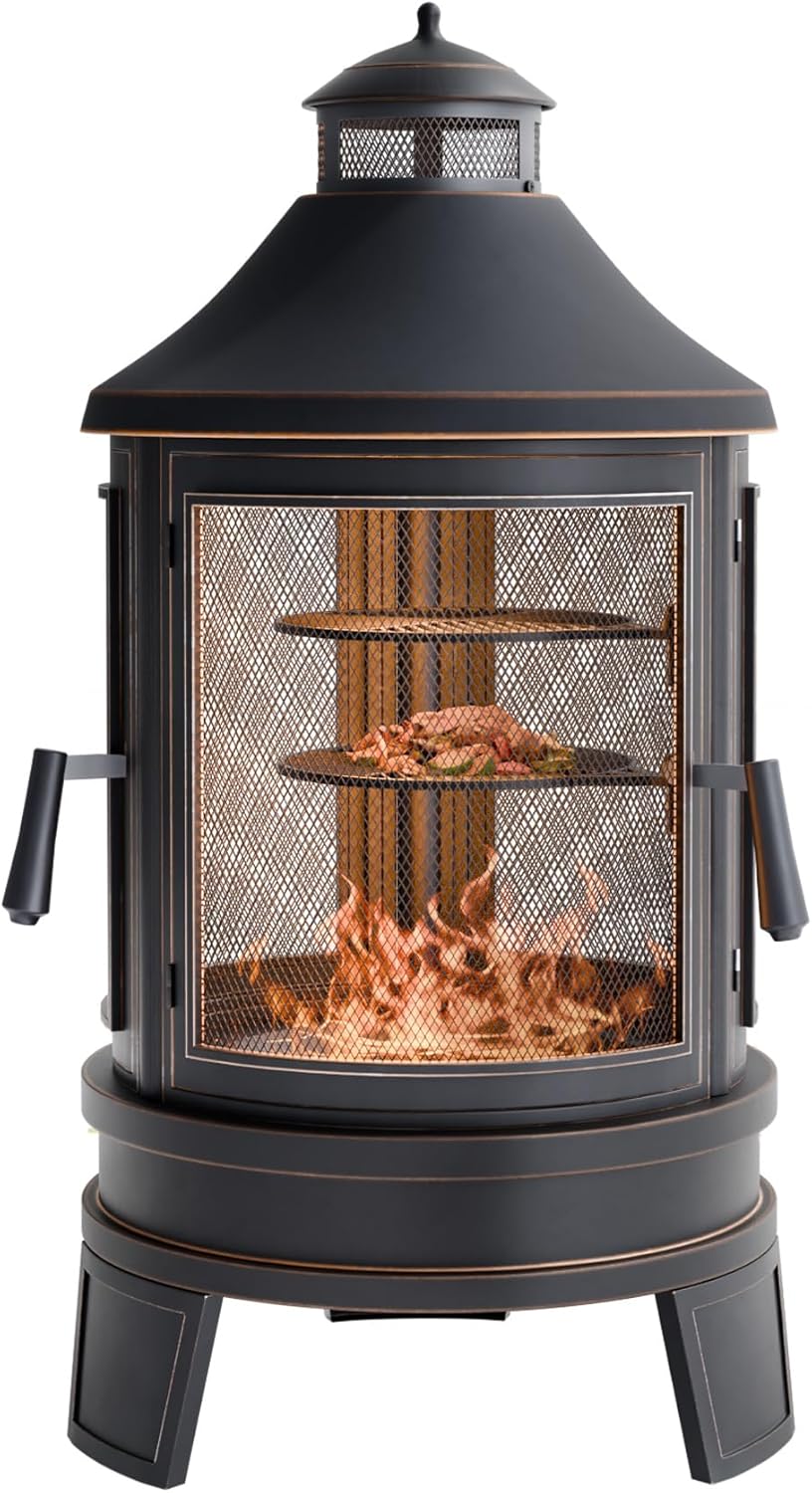 Metal Outdoor Fire Pit for Outside Wood Burning,24 Inch Chiminea Outdoor Fireplace with Adjustable Grill Tray, Spark Screen Door & Fire Poker, for Patio, Garden, Backyard