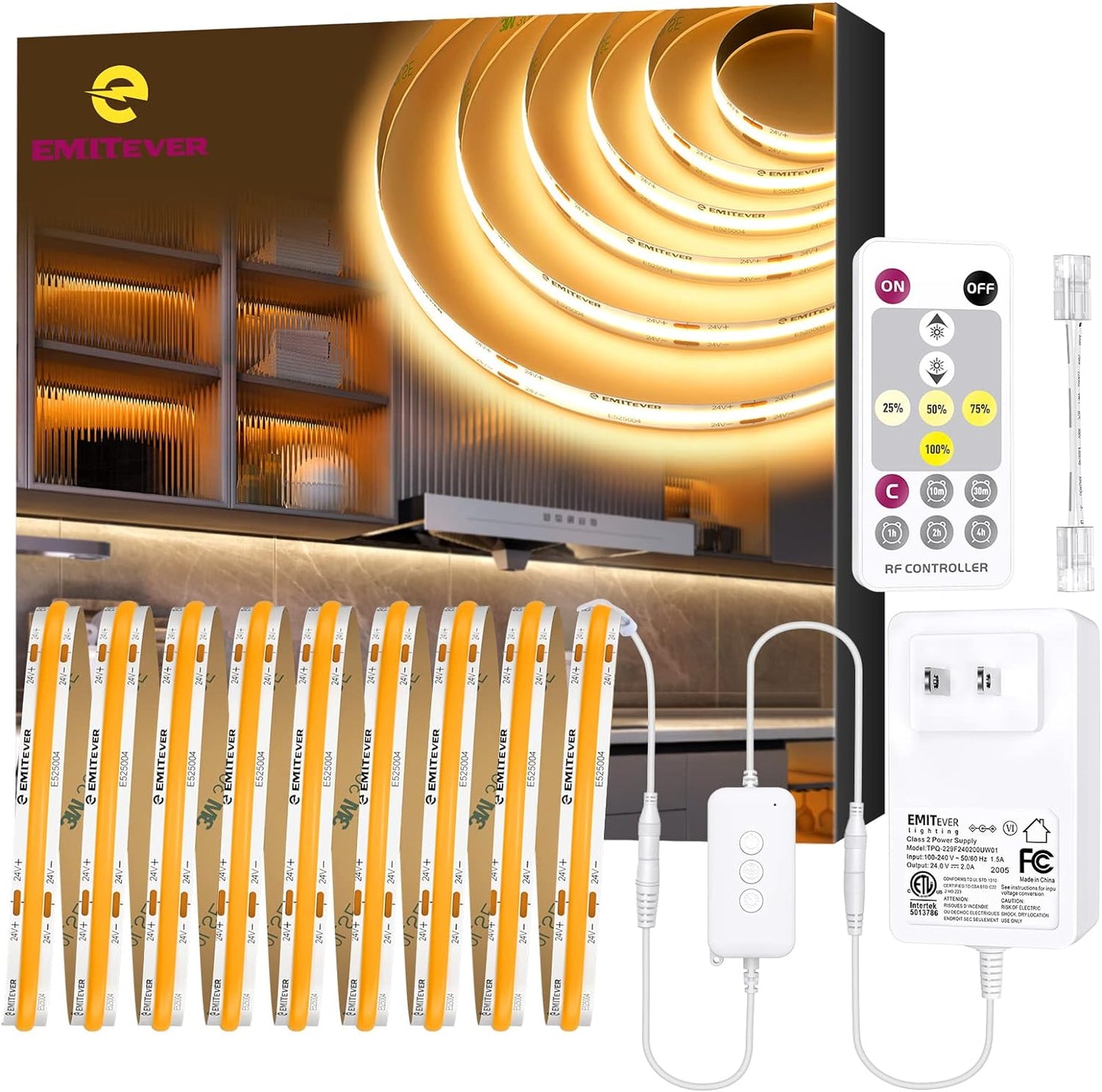 EMITEVER LED Strip Light Warm White 3000K 16.4ft,24V DC COB Dimmable Tape Lights with RF Controller,Premium High Density Power Adapter,1600LEDs Suitable for Bedroom,Kitchen Cabinets,Indoor Use