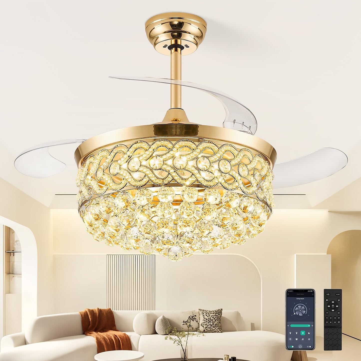 TXCSLY 48\u201C Crystal Fandelier Ceiling Fan with Light, Retractable Ceiling Fans Chandelier Fan with Retractable Blades LED Dimmable Crystal Ceiling Fan Chandelier Fans for Bedroom Living Room-Gold
