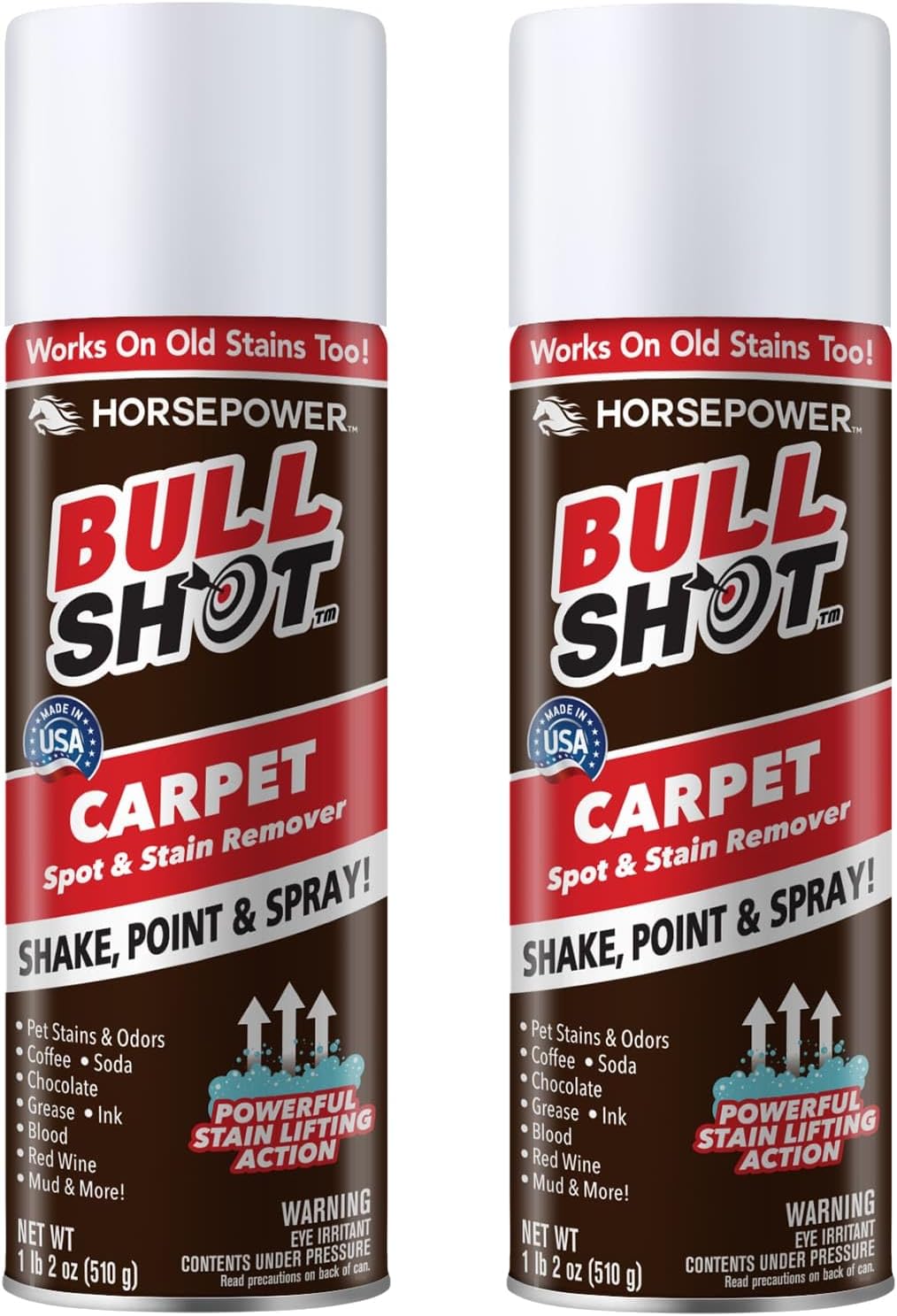 Horsepower Bull Shot Carpet Spot & Stain Remover by Horsepower, AS-SEEN-ON-TV, Made In USA, Just Point & Spray, Stain-Lifting Foam-Action, Pet Stains & Odors, Coffee, Soda, Wine, Stains, 2 Pack