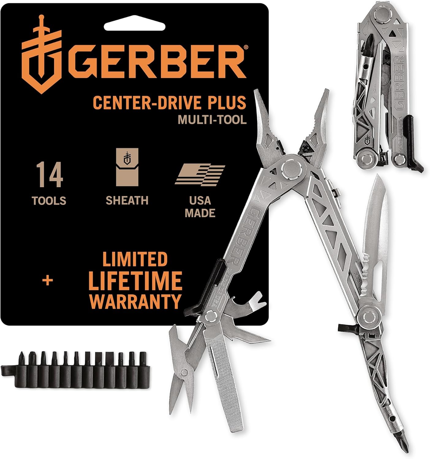 Gerber Gear Center-Drive Plus - 16-Piece Multi-Purpose Tool with Sheath & Bit Set - Includes Pry Bar, Knife, Needlenose Pliers, Nail Puller & More - Made in USA