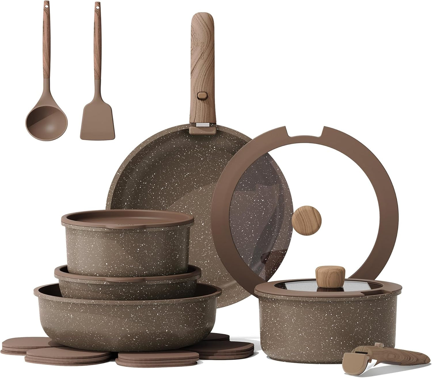 CAROTE 17PCS Pots and Pans Set Non Stick with Detachable Handle, Nonstick Cookware Sets, Cooking Kitchen Set, Oven/Dishwasher Safe, Induction Cookware, Brown, RV Kitchen Pot and Pan