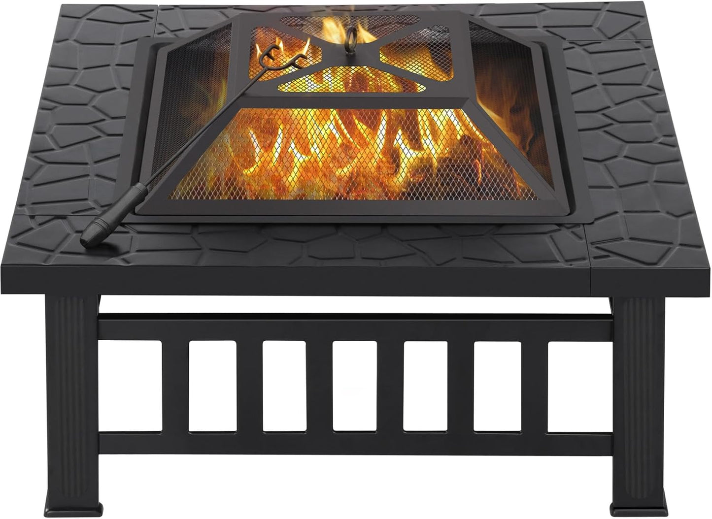 Topeakmart Outdoor Fire Pit Wood Burning 32in Multifunctional Firepits Table Patio Stove with Waterproof Cover, Spark Screen, Poker, Large Square Fire Pits for Outside Garden Camping