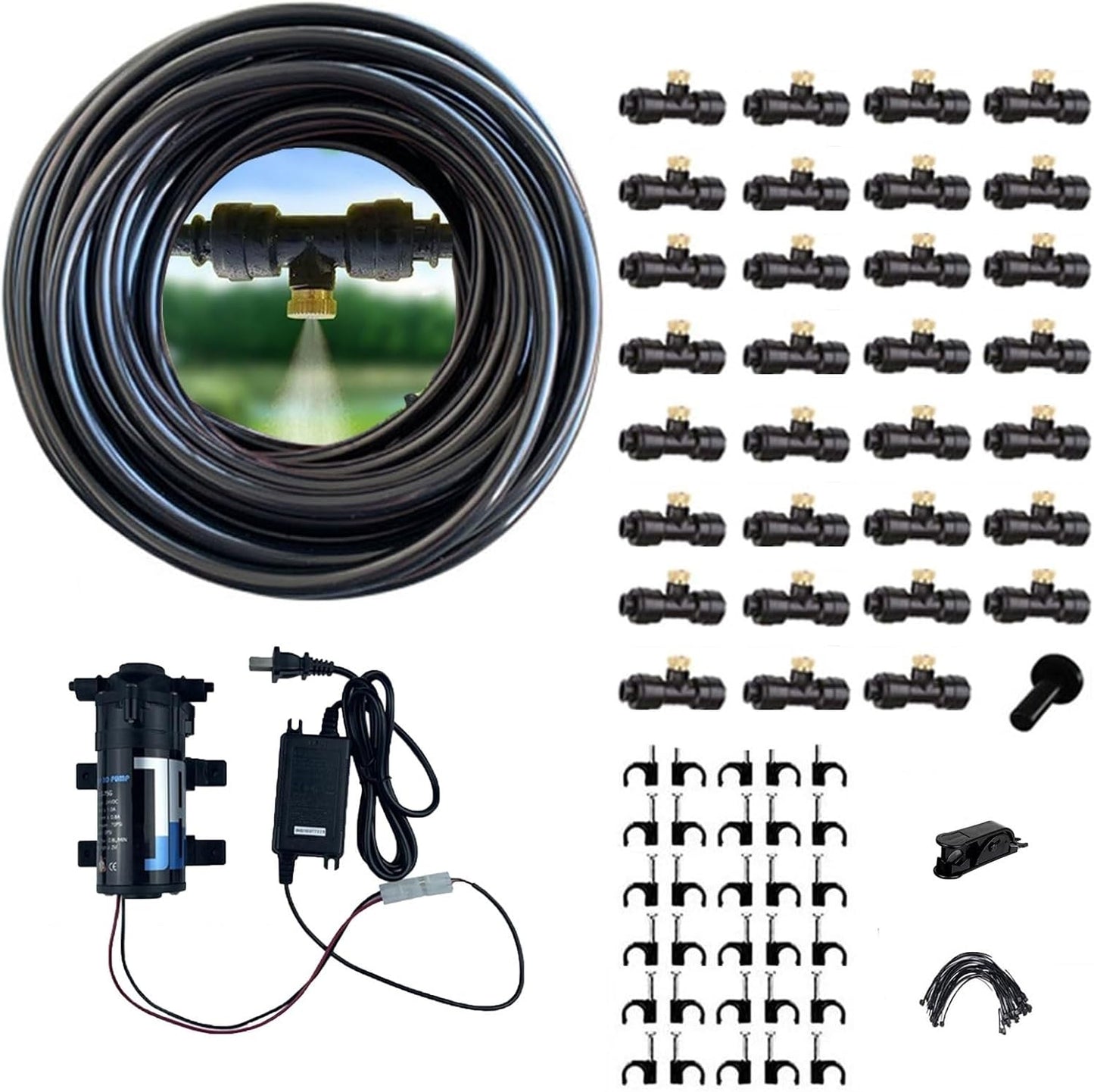Misting Cooling System with Brass Fog Nozzles, Outdoor Mister System with Pump Fog Cooling Micro Spray Misting Drip Kit for Outside Patio Garden Greenhouse Umbrella ( Size : 10M(32.8ft)-13 nozzles )