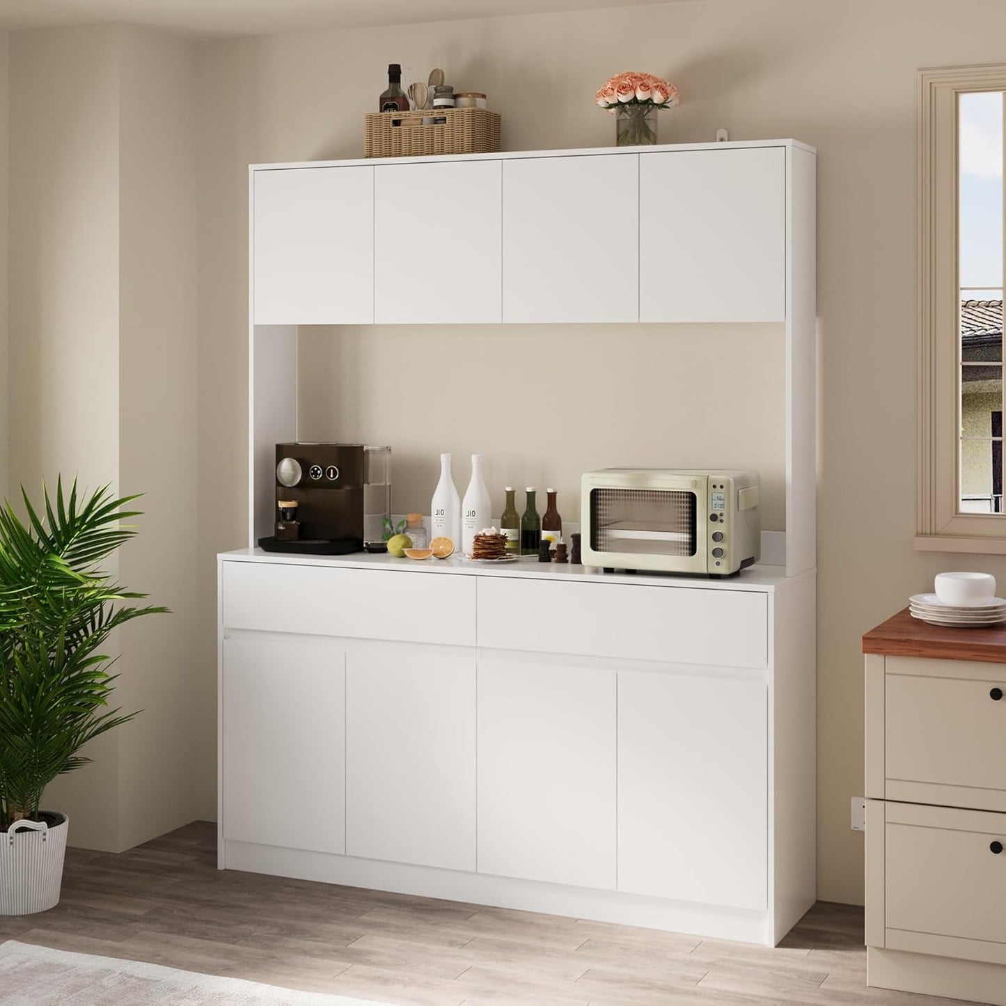 71" Kitchen Pantry Cabinet, Kitchen Hutch with Microwave Stand, Buffet Cabinet with Large Storage Drawers for Dining Room (White)