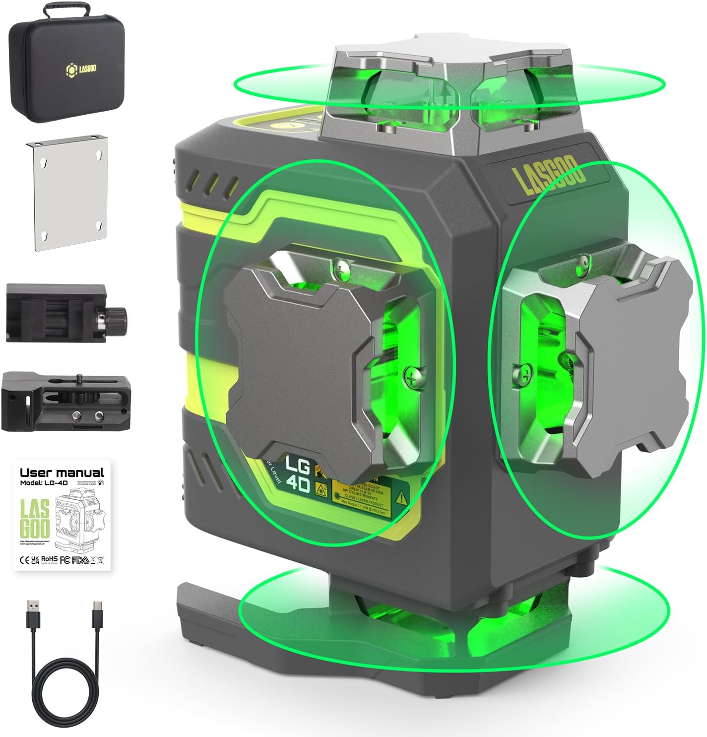 LasGoo LG-4D 16 Green Beam 4x360° Laser Level, Self-Leveling Tool with Horizontal and Vertical Dual Layout, Ideal for Construction and Picture Hanging, Magnetic Pivot Bracket Included