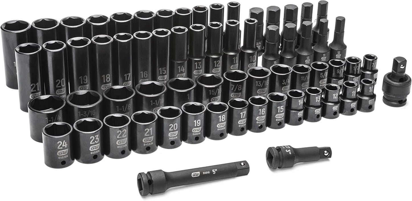GEARWRENCH 65 Piece 1/2" Drive Standard & Deep SAE/MM Impact Socket Set - 89095