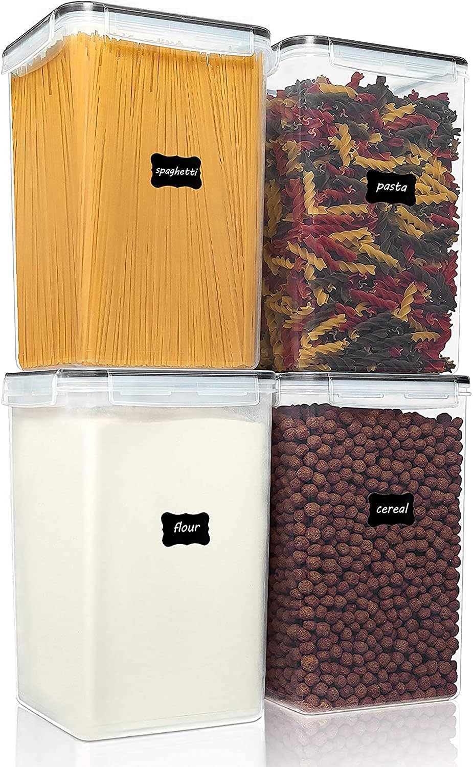 Vtopmart Extra Large Tall Airtight Food Storage Containers, 4 Pieces 5.9qt\/6.5L Plastic PBA Free Kitchen Pantry Canister for Spaghetti, Flour and Baking Supplies, with 24 Labels, Black