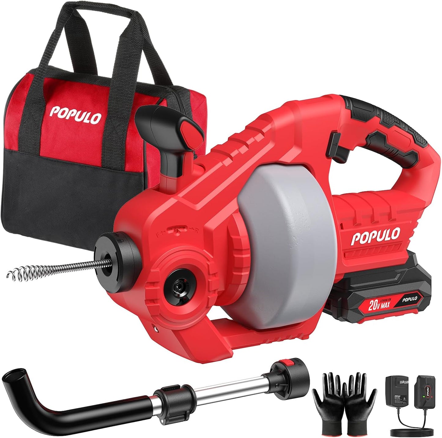 POPULO 20V Cordless Electric Snake Drain,25Ft Drain Auger with 2.0Ah Battery,Extension Tube and Charger,Snake Drain Clog Remover Tool for Toilet,Floor Drain,Sink and Shower 3/4"-2" Pipe