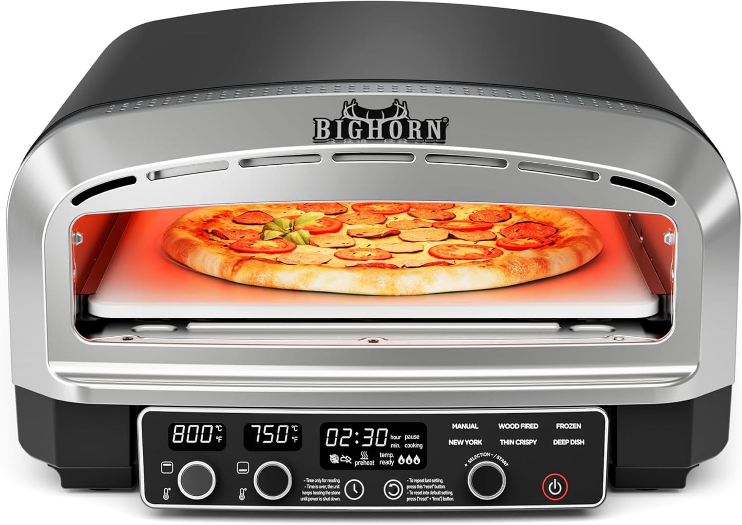 BIG HORN OUTDOORS Pizza Oven Indoor, 14 Inch Electric Countertop Pizza Oven with 6 Preset Modes, Perfect Pizza Maker Machine for Home, Pizza Cooker with Pizza Stone and Pizza Peel, Stainless Steel