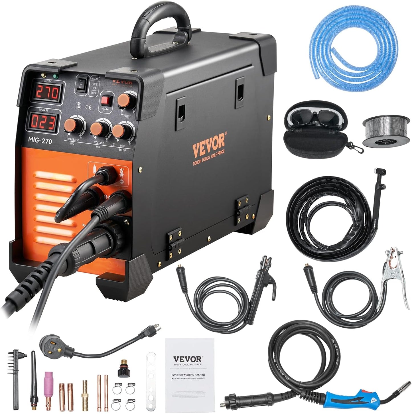 VEVOR MIG Welder, 3 in 1 270 Amp Welding Machine, 110 220V MIG Lift TIG Arc Welder, Portable Lift TIG Welder ARC Welder with IGBT DC Inverter, LCD Digital Display, Welder Torch and Welding Wire