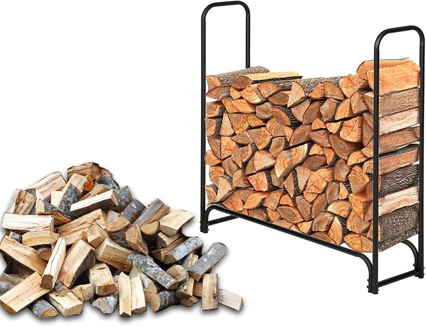 Firewood Storage Rack Stand Shelf Black Iron Fireplace Holder Indoor Outdoor 4 Feet Long 46 Inches High Wood Log Rack Single Layer Sand Pattern(